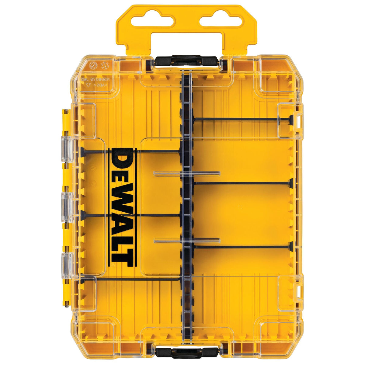 DEWALT DWAN2190 ToughCase+ medium bit storage case, closed front view with clear lid and hang tab