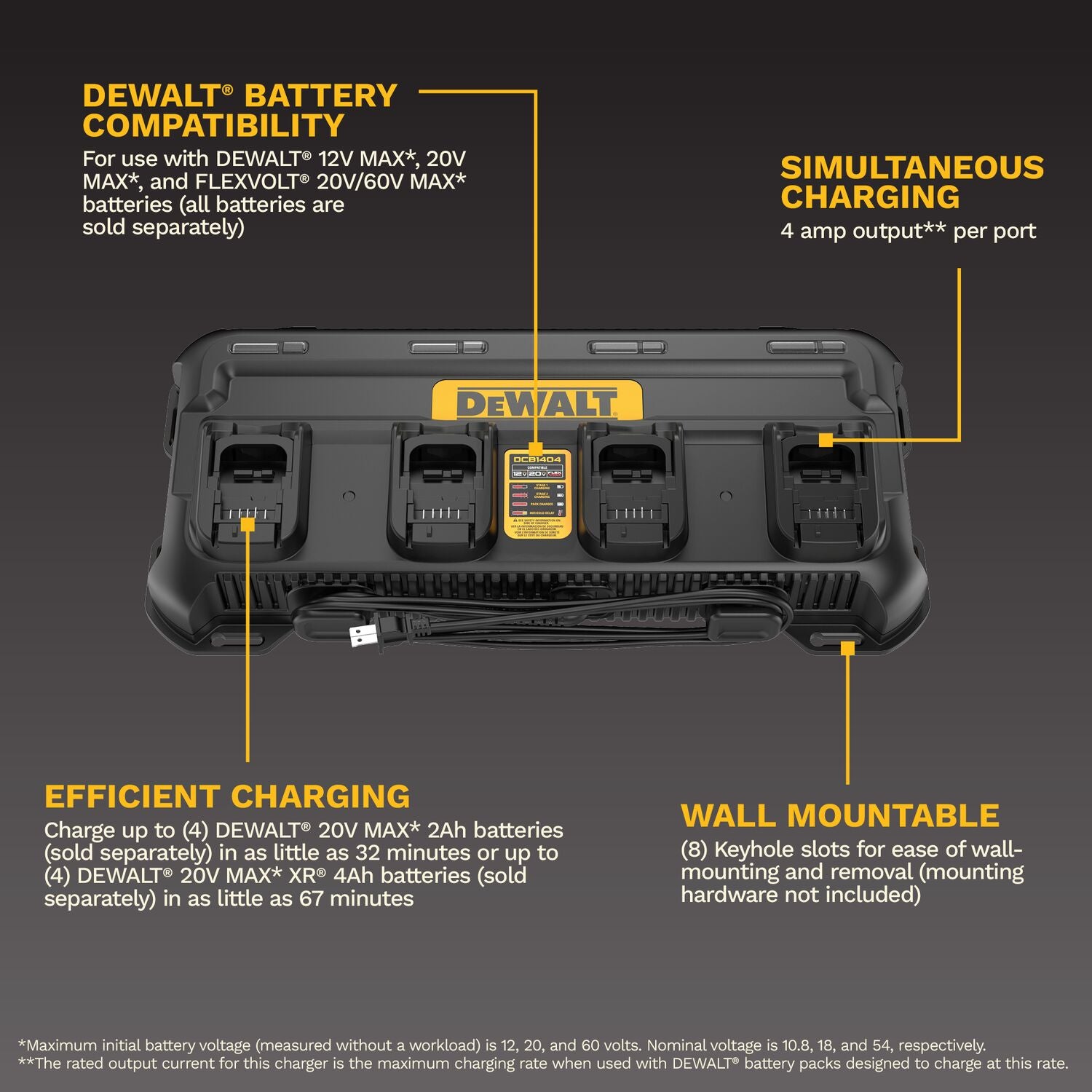 DeWALT DCB1404 4-Amp 4-Battery Simultaneous Multiport Battery Charger for 12V/20V/FlexVolt