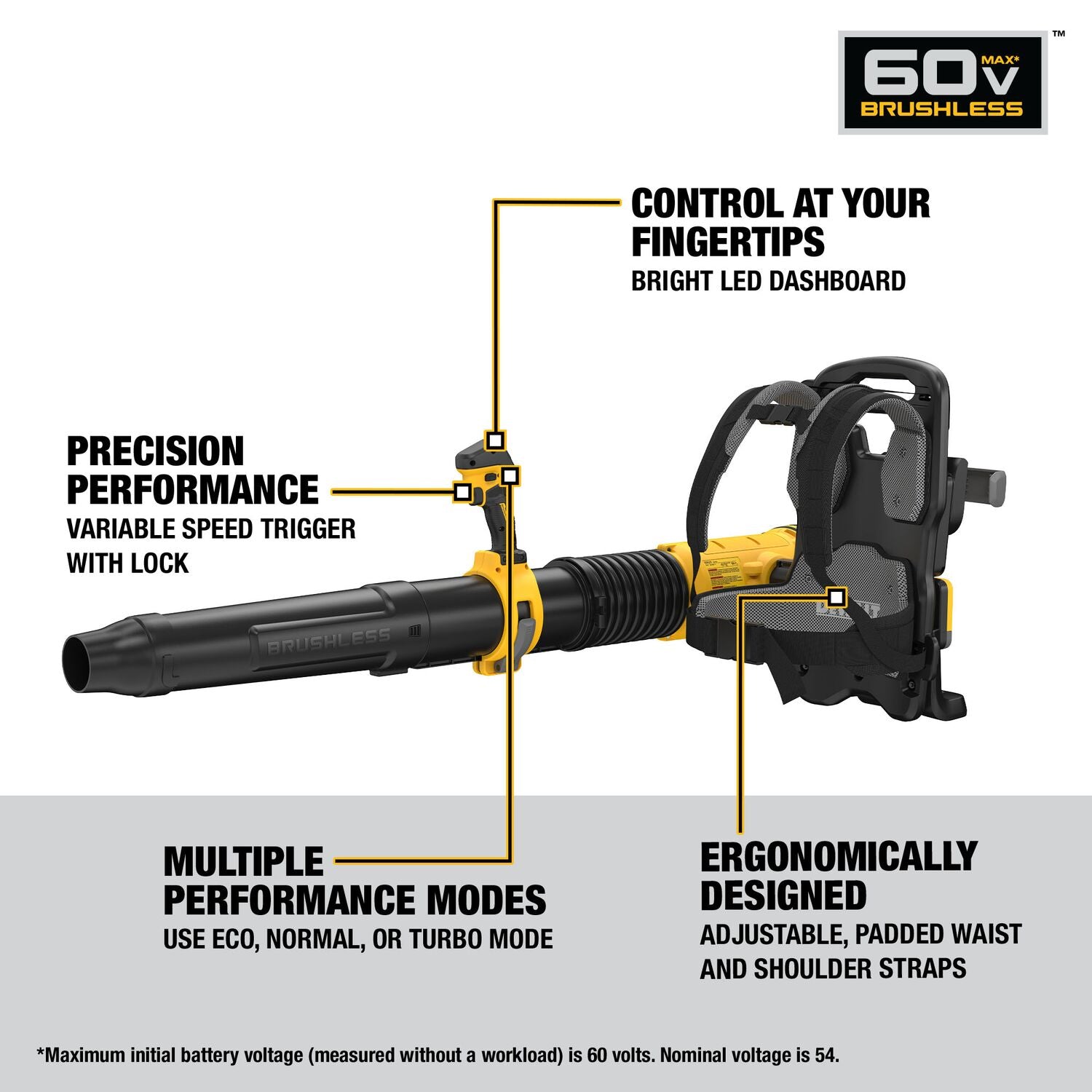 DeWALT DCBL570B 60V FlexVOLT 160-MPH 855-CFM Backpack Blower, Tool Only