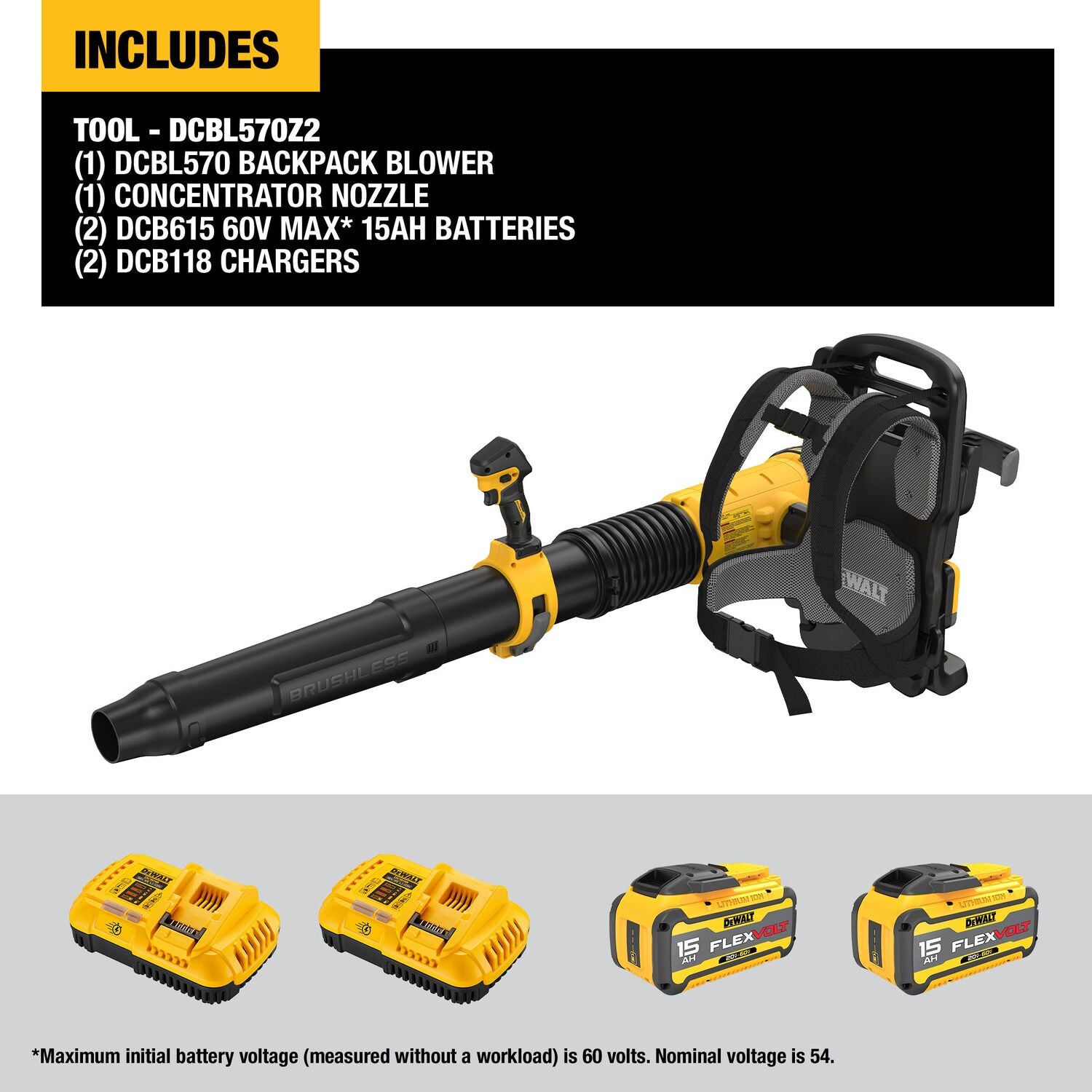 DeWALT DCBL570Z2 60V FlexVOLT 160-MPH 855-CFM Backpack Blower 15.0Ah Kit