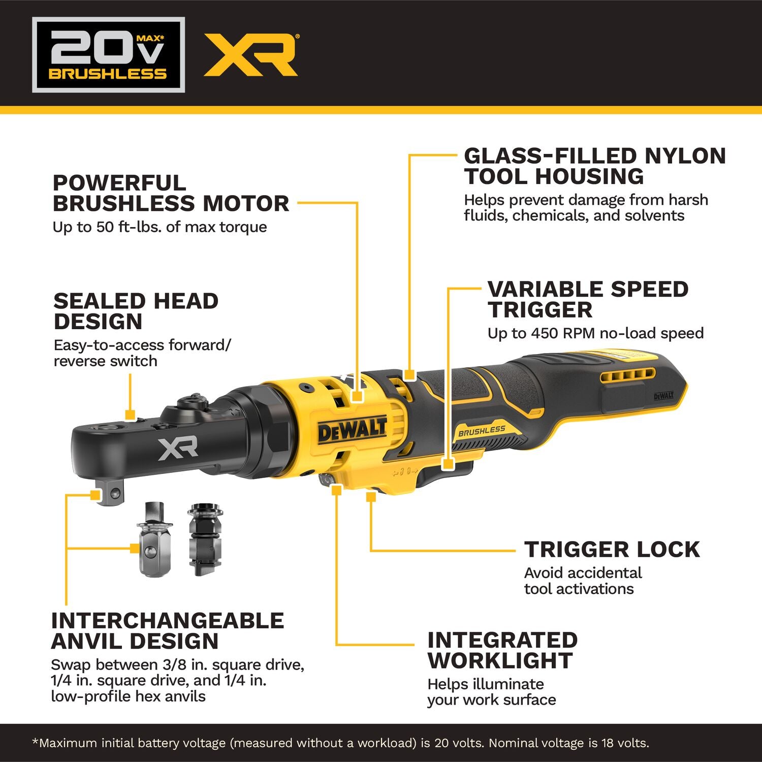 DeWALT DCF520B 20V MAX XR Brushless 1/4-in. & 3/8-in. Sealed Head Ratchet, Tool Only