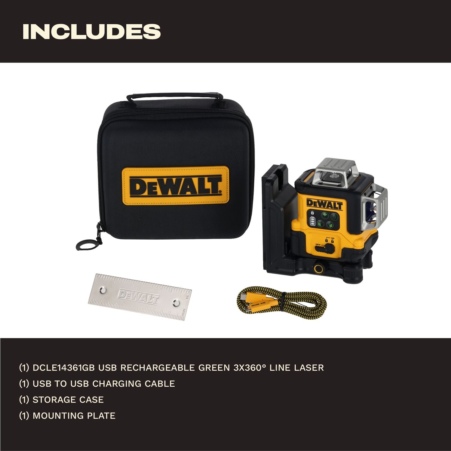 DeWALT DCLE14361GB USB-C Rechargeable 3x360° Green Line Laser