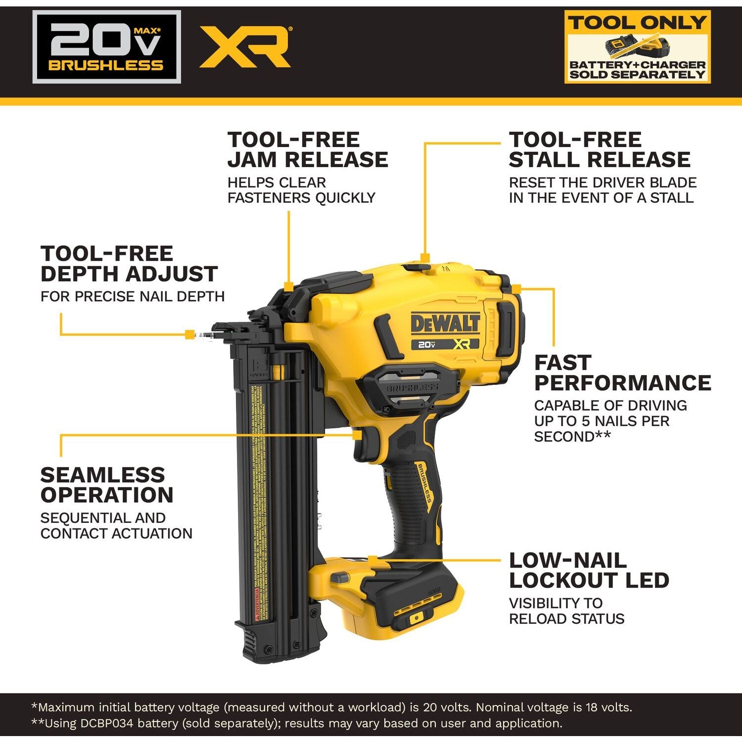 DeWALT DCN210B 20V MAX XR 18Ga Brad Nailer, Tool Only