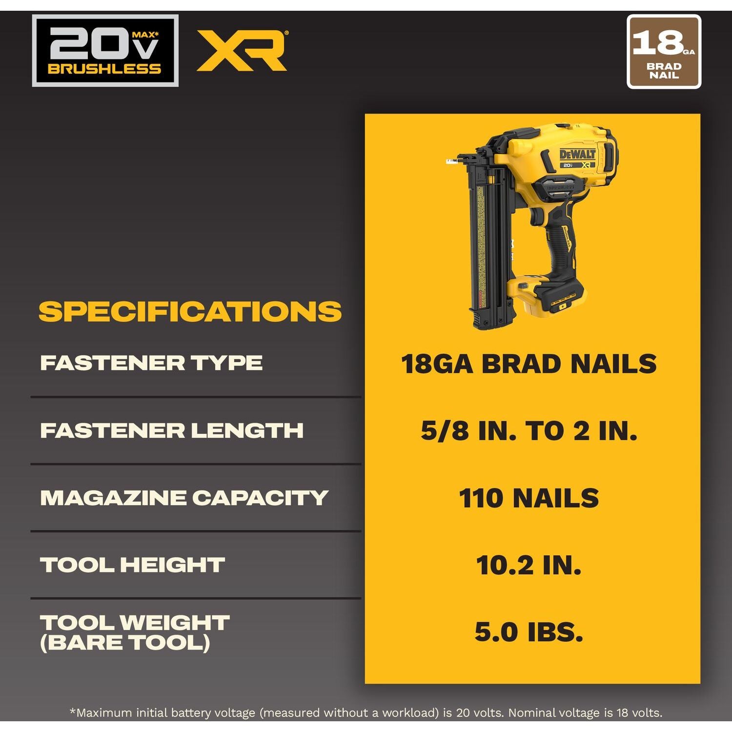 DeWALT DCN210B 20V MAX XR 18Ga Brad Nailer, Tool Only