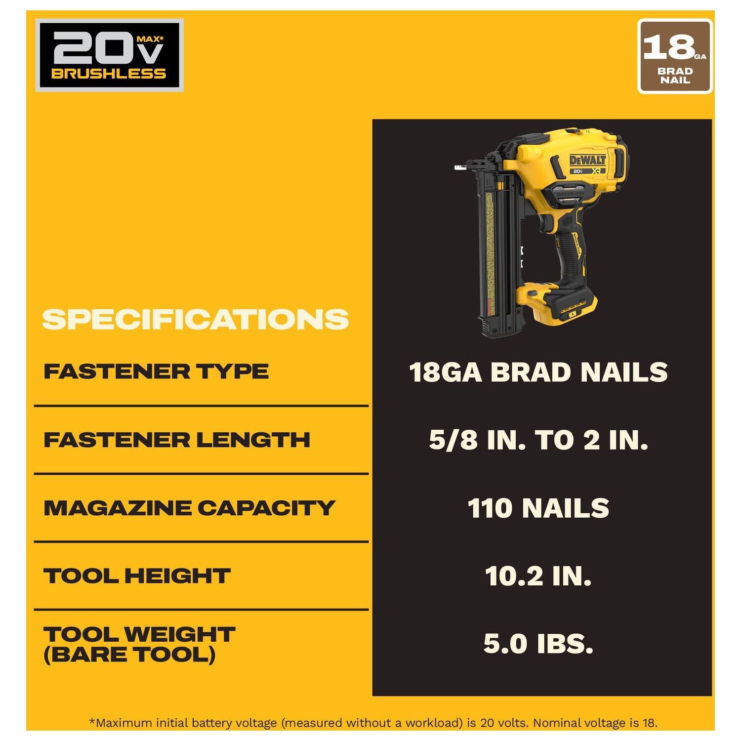 DeWALT DCN210B 20V MAX XR 18Ga Brad Nailer, Tool Only