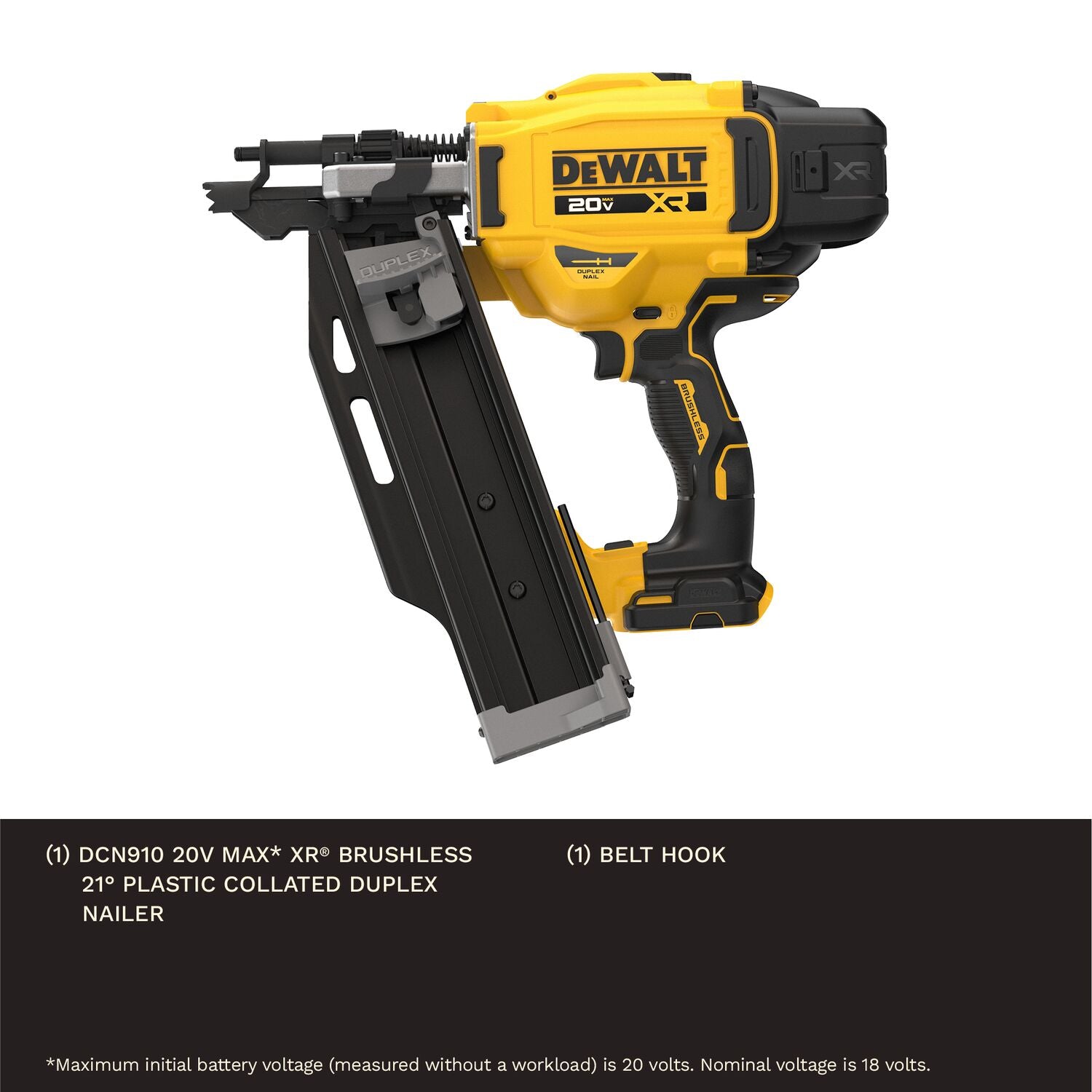 DeWALT DCN910B 20V MAX XR Brushless 21-Degree Plastic Collated Duplex Nailer, Tool Only