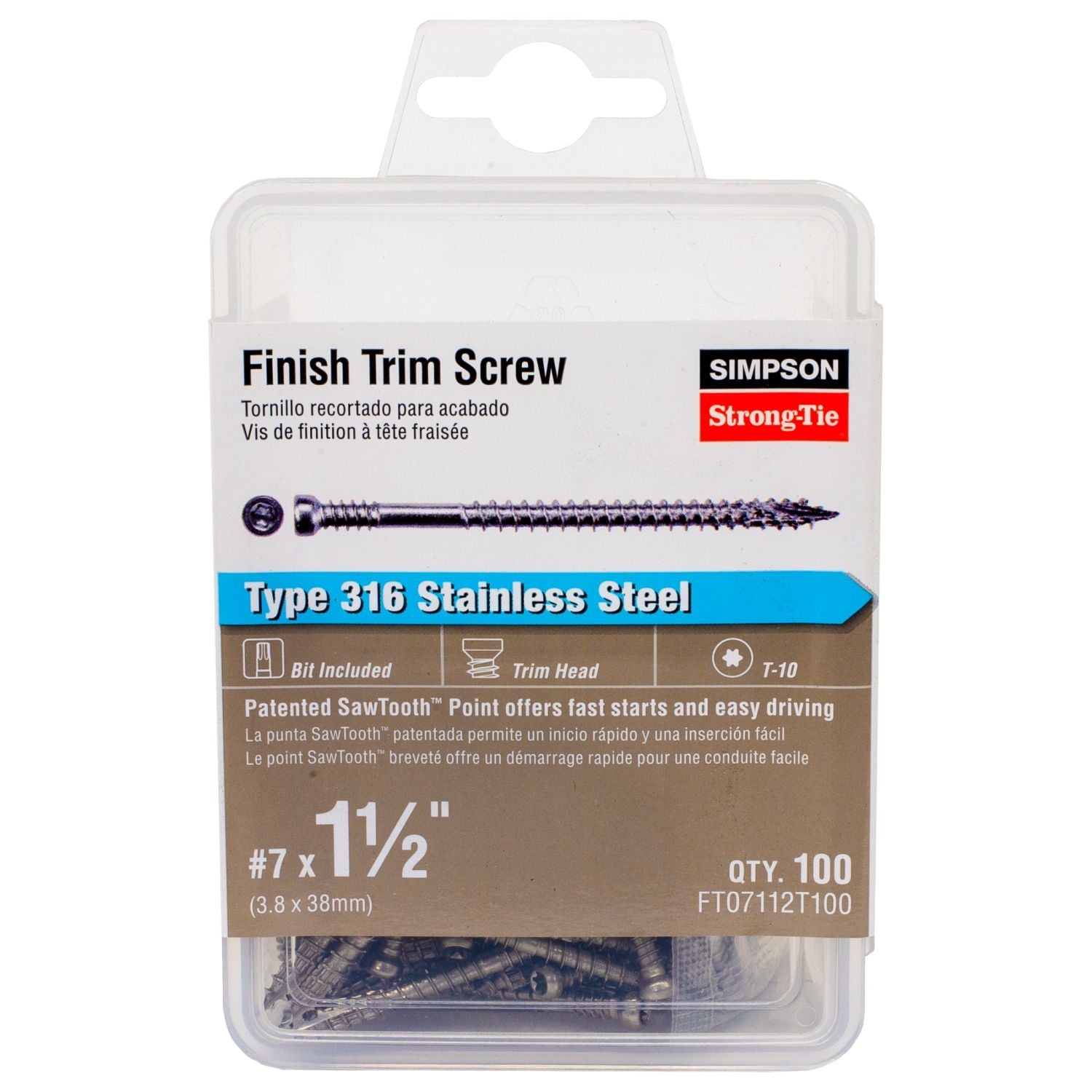 Simpson Strong-Tie FT07112T100 Finish Trim Screw,  #7 x 1-1/2-in. T10, Trim-Head, Type 316, 100-Pack