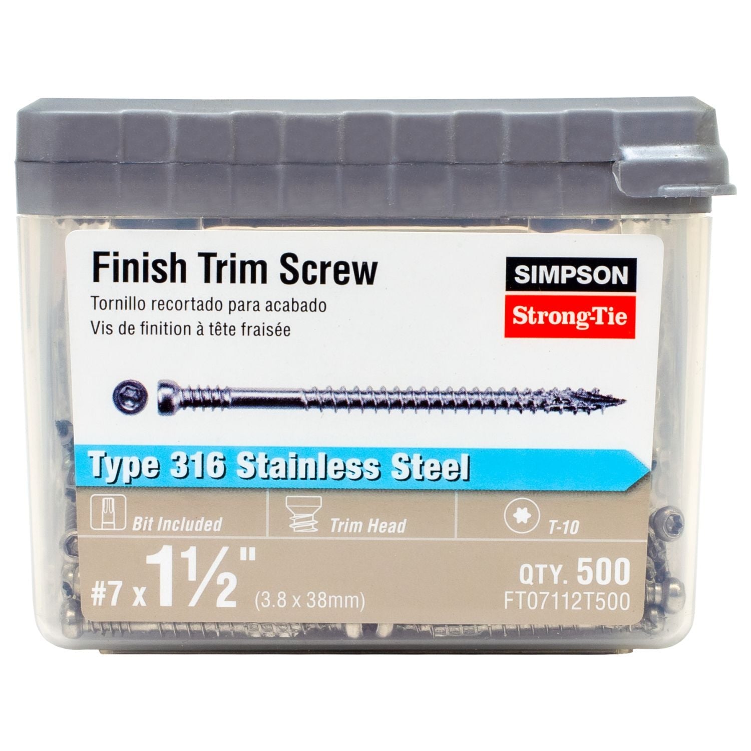 Simpson Strong-Tie FT07112T500 Finish Trim Screw,  #7 x 1-1/2-in. T10, Trim-Head, Type 316, 500-Pack