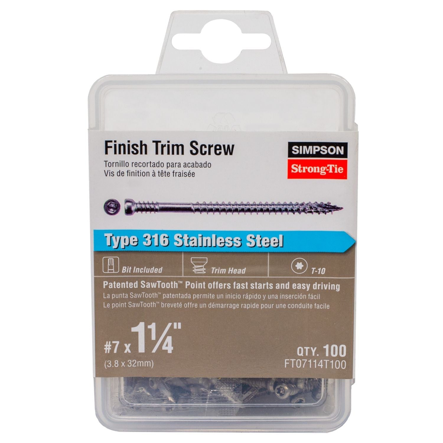 Simpson Strong-Tie FT07114T100 Finish Trim Screw,  #7 x 1-1/4-in. T10, Trim-Head, Type 316, 100-Pack