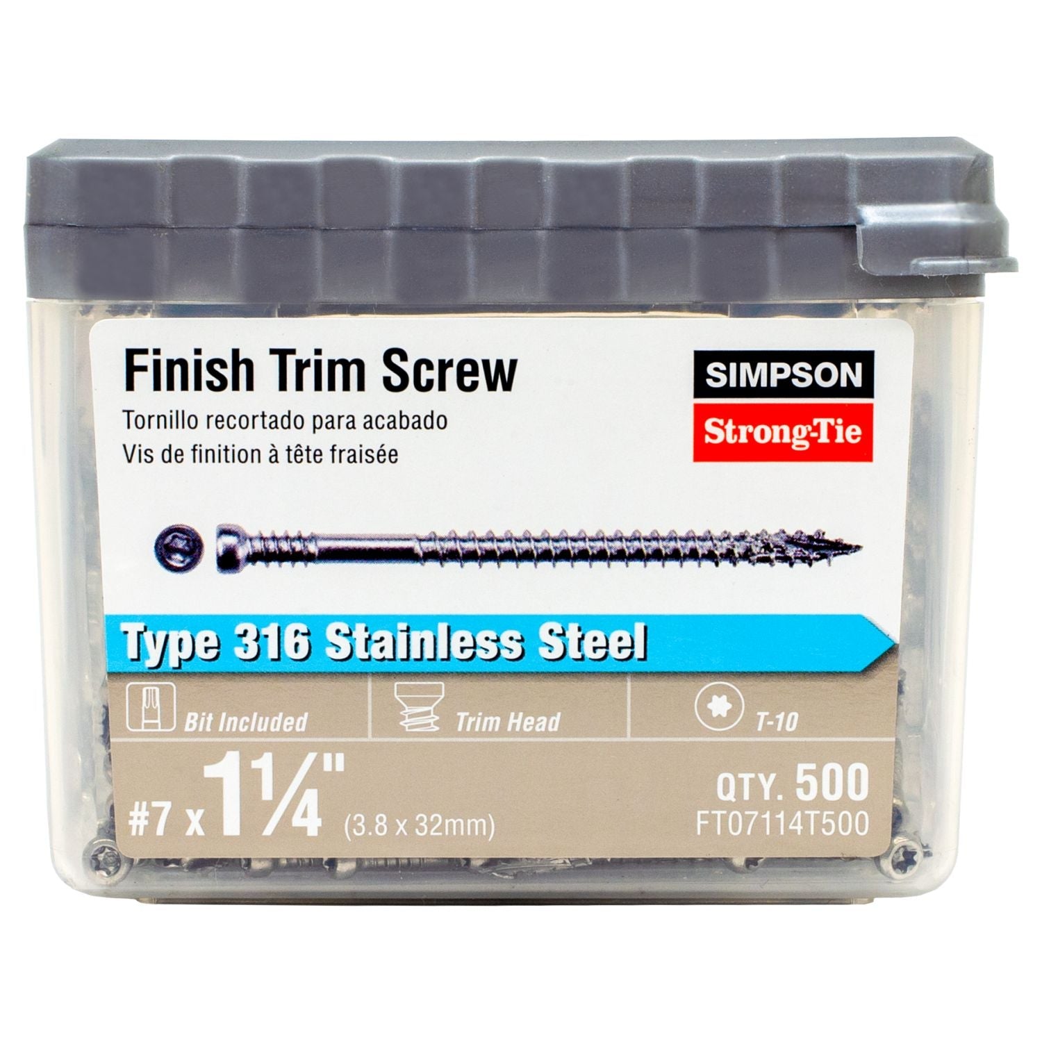 Simpson Strong-Tie FT07114T500 Finish Trim Screw,  #7 x 1-1/4-in. T10, Trim-Head, Type 316, 500-Pack