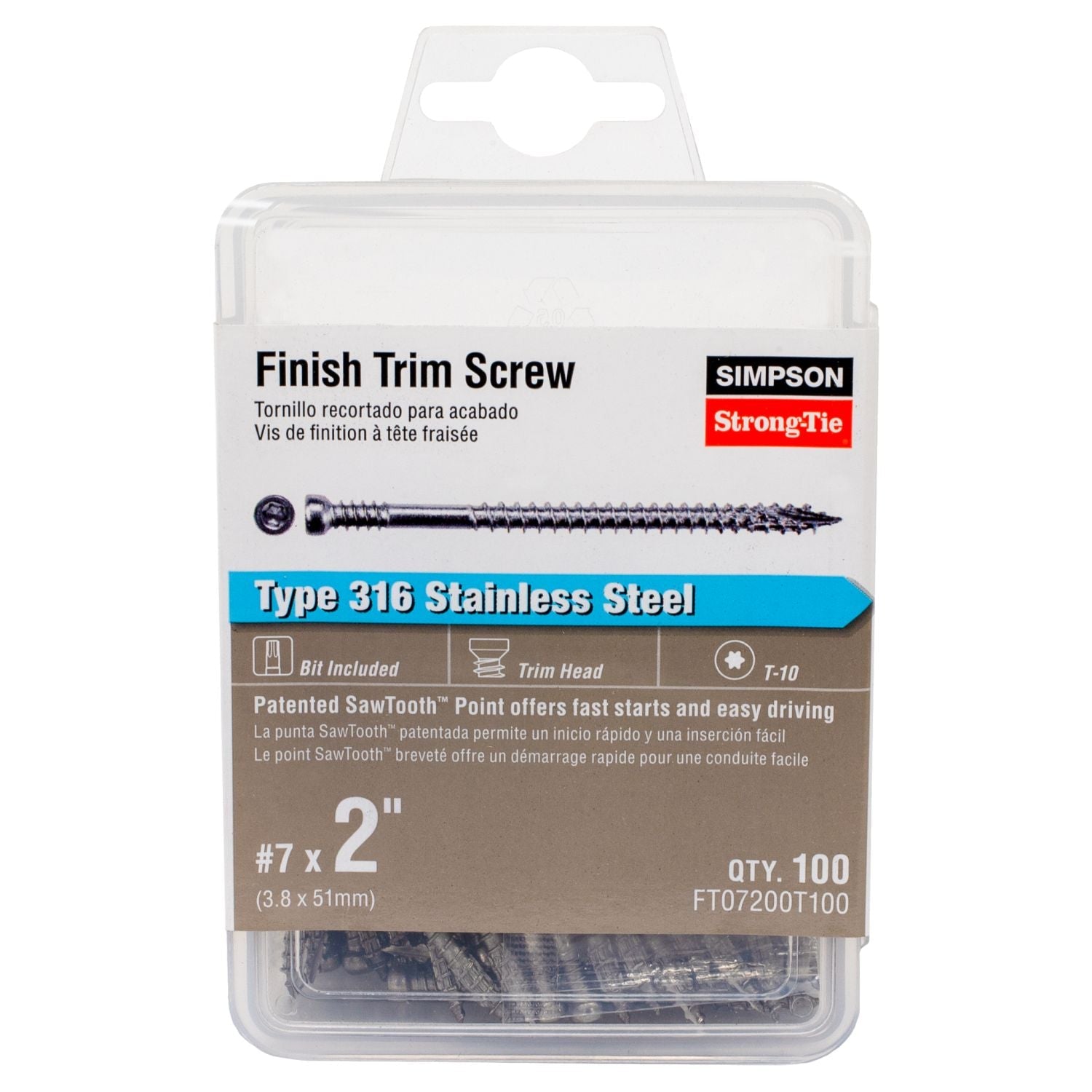 Simpson Strong-Tie FT07200T100 Finish Trim Screw,  #7 x 2-in. T10, Trim-Head, Type 316, 100-Pack