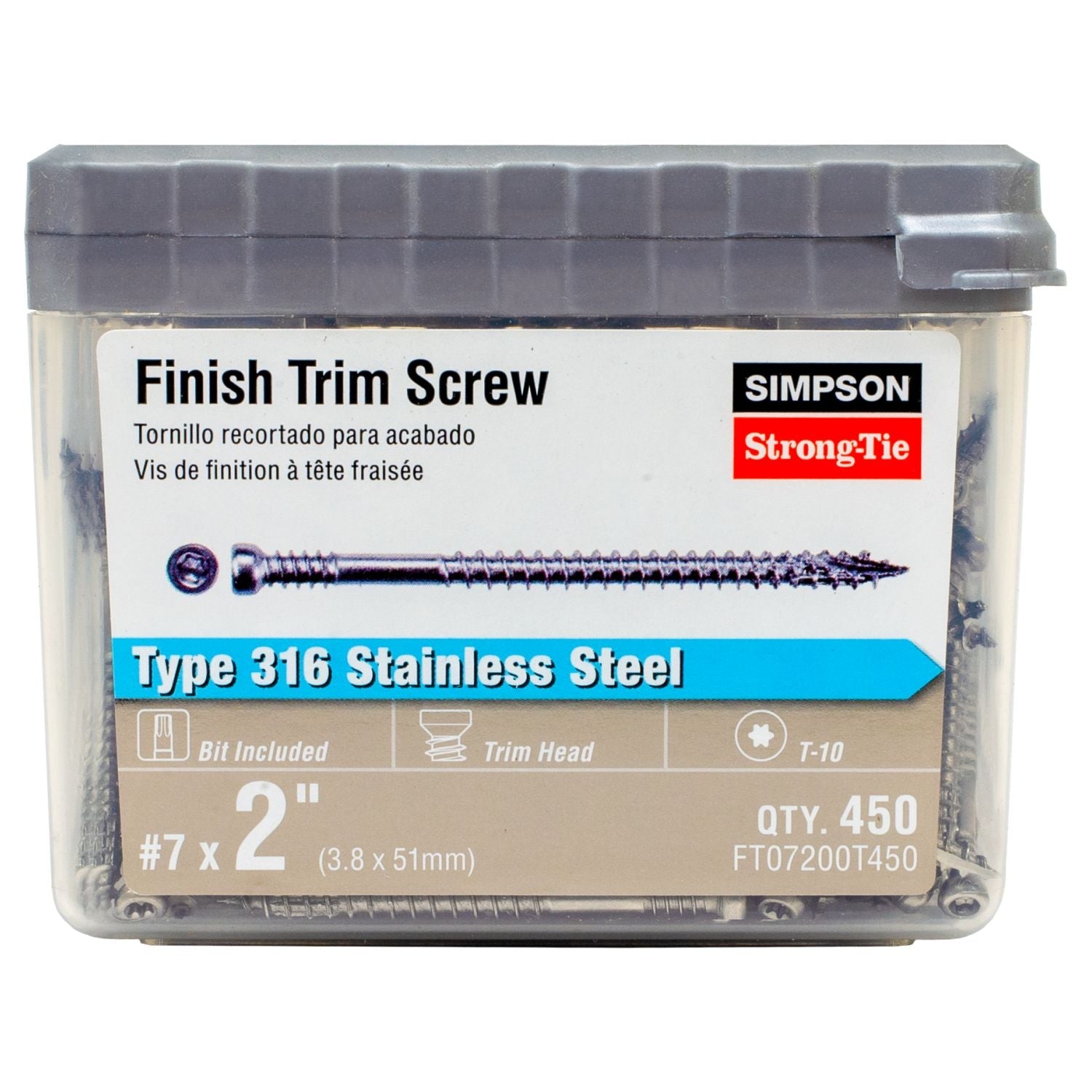 Simpson Strong-Tie FT07200T450 Finish Trim Screw,  #7 x 2-in. T10, Trim-Head, Type 316, 450-Pack