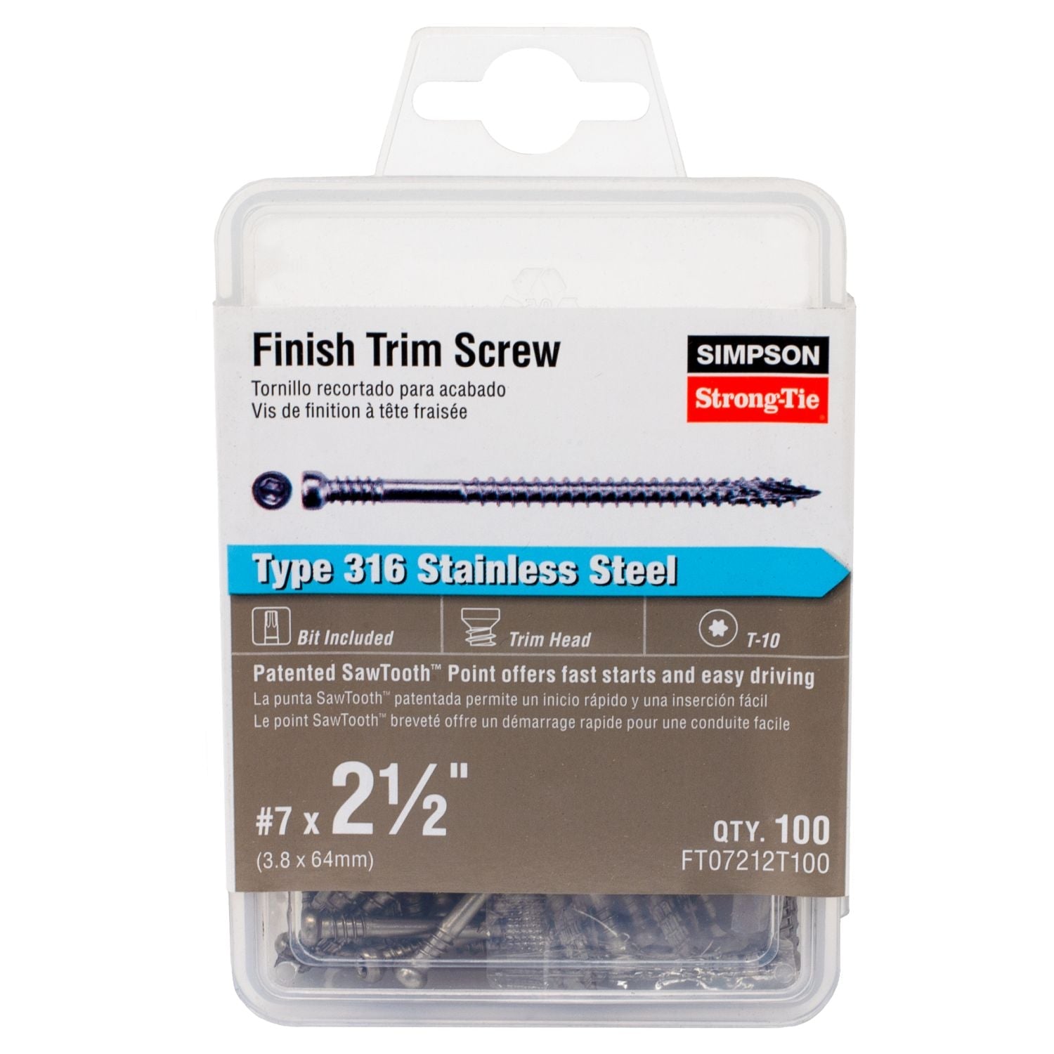 Simpson Strong-Tie FT07212T100 Finish Trim Screw,  #7 x 2-1/2-in. T10, Trim-Head, Type 316, 100-Pack