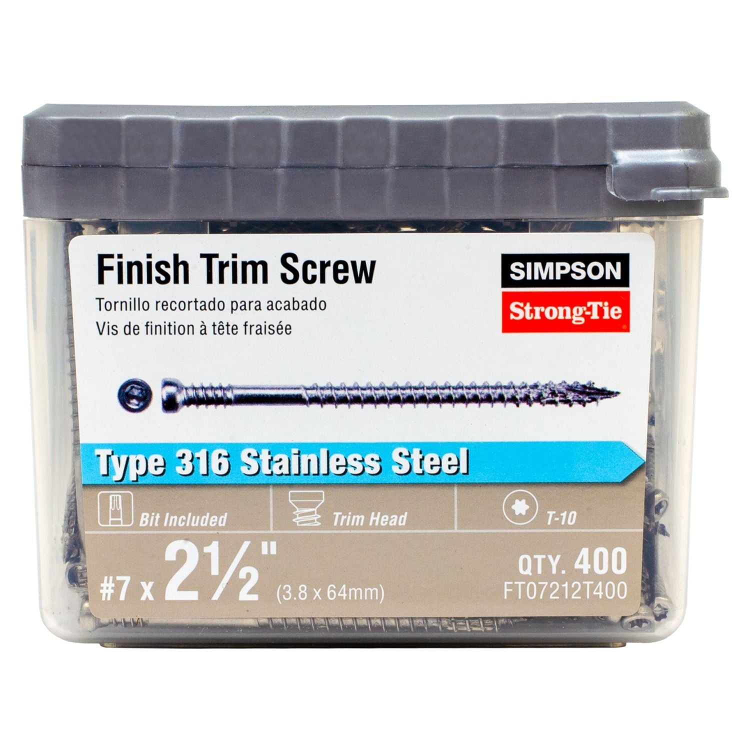 Simpson Strong-Tie FT07212T400 Finish Trim Screw,  #7 x 2-1/2-in. T10, Trim-Head, Type 316, 400-Pack