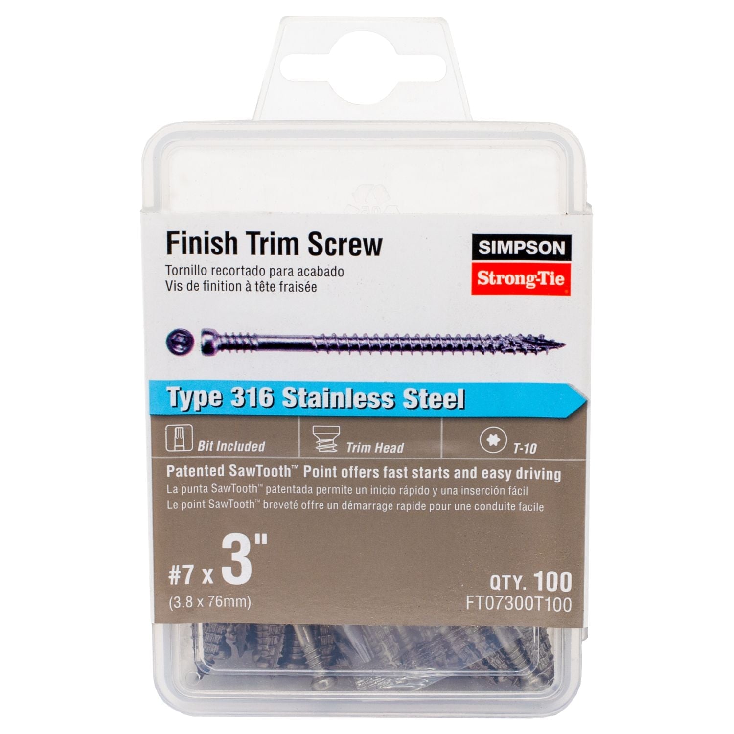 Simpson Strong-Tie FT07300T100 Finish Trim Screw,  #7 x 3-in. T10, Trim-Head, Type 316, 100-Pack