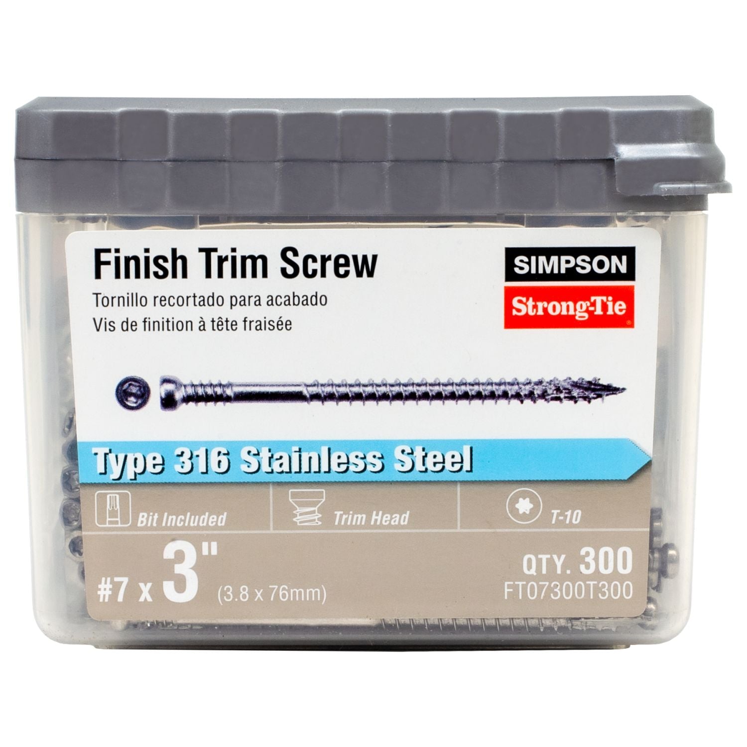 Simpson Strong-Tie FT07300T300 Finish Trim Screw,  #7 x 3-in. T10, Trim-Head, Type 316, 300-Pack