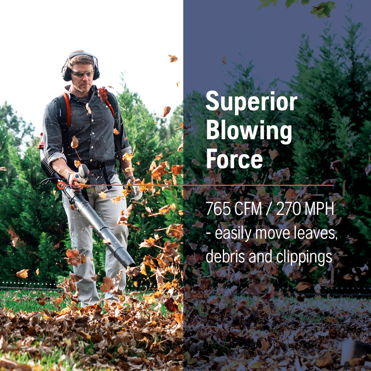 Operator wearing the Husqvarna 150BT gas backpack leaf blower clearing fall leaves in a yard