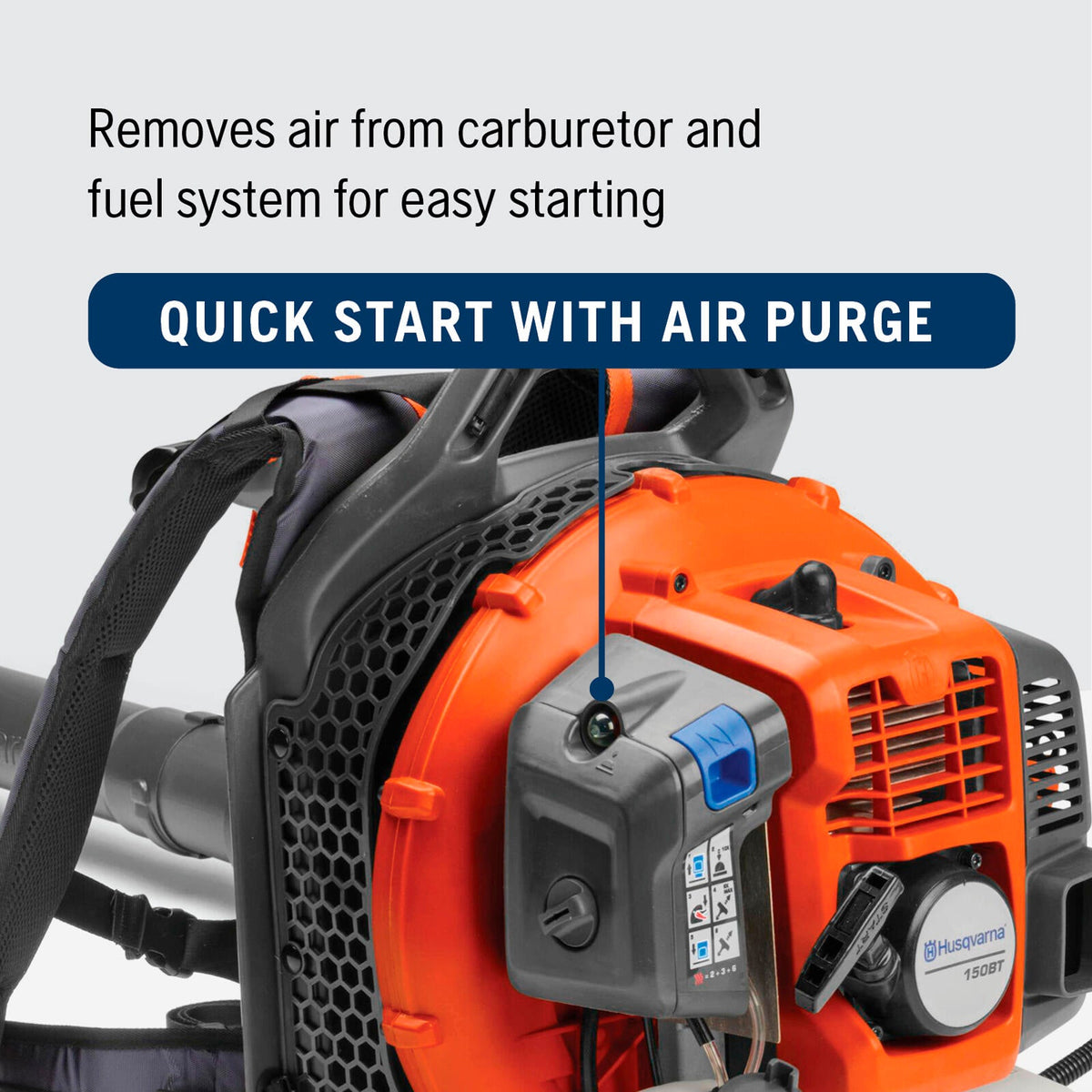 Air purge bulb on the Husqvarna 150BT gas backpack blower engine