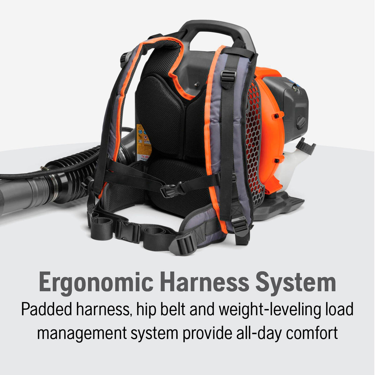 Padded harness and hip belt on the Husqvarna 150BT backpack leaf blower