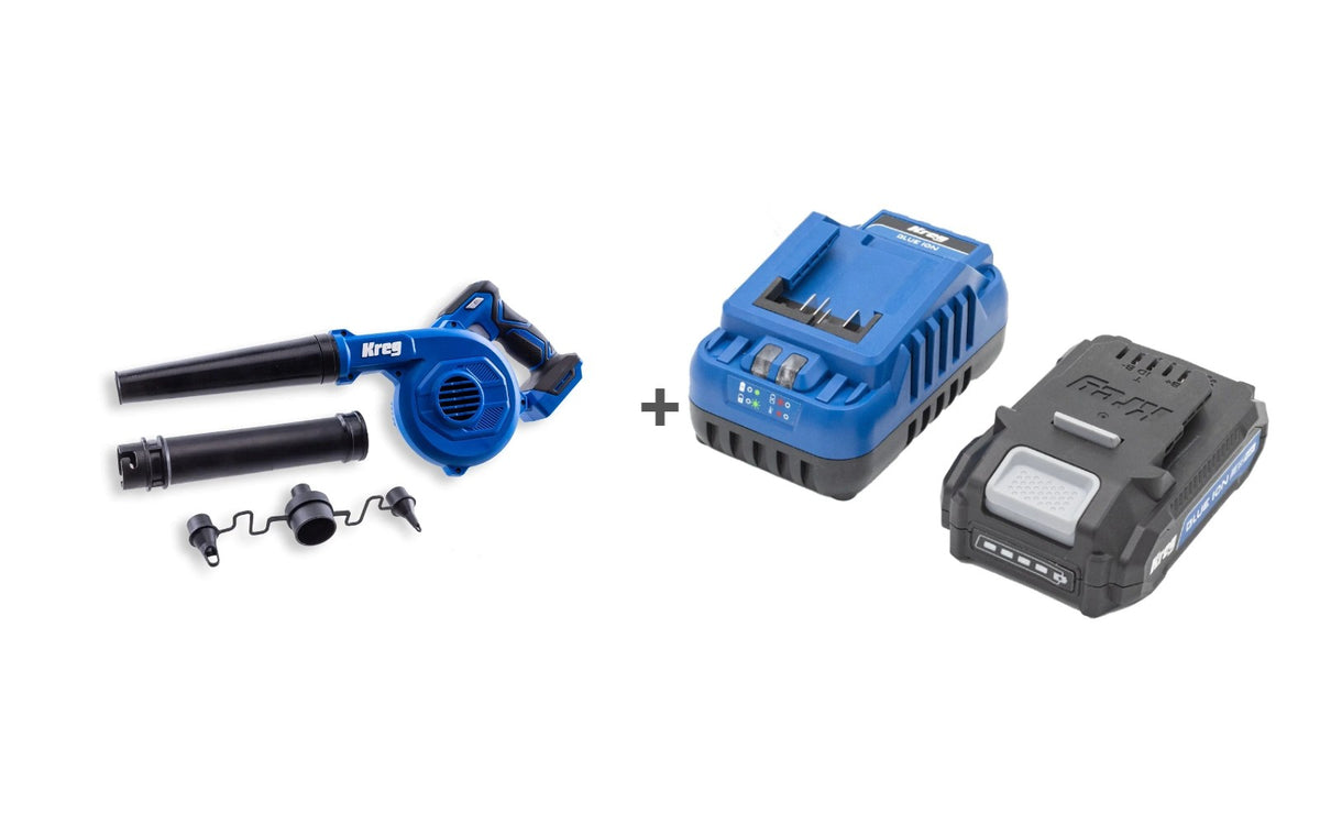 Kreg KPTCB100B 20V Shop Blower and BCB2A20A 20V Blue Ion Battery and Charger Starter Kit bundle