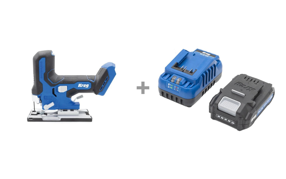 Kreg KPTJS100A 20V Barrel Grip Jigsaw with BCB2A20A 20V 2.0Ah Battery and Charger Starter Kit bundle