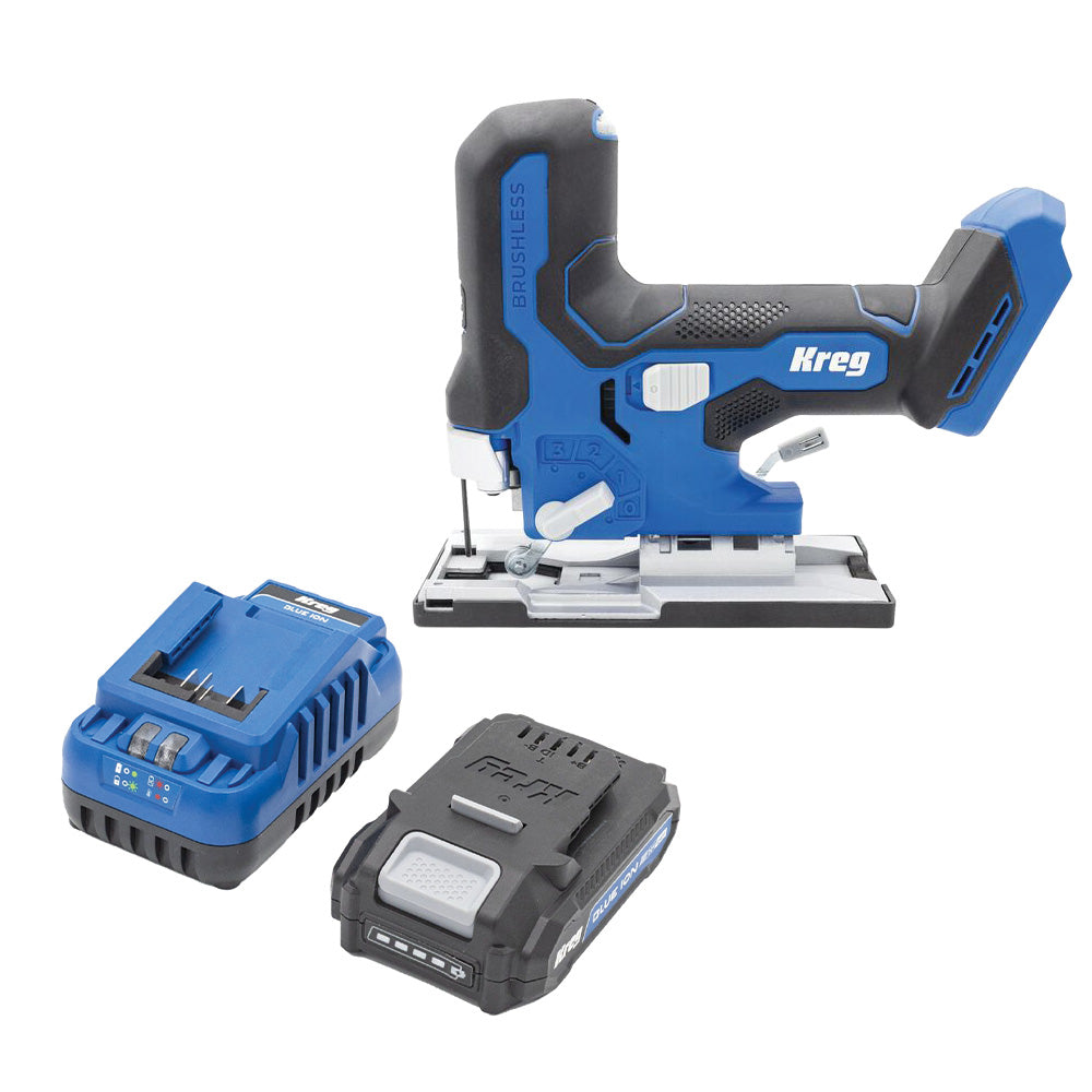 Kreg 20V Ionic Drive Brushless Barrel Grip Jigsaw (KPTJS100A) w/ 20V 2.0Ah Battery and Charger Starter Kit