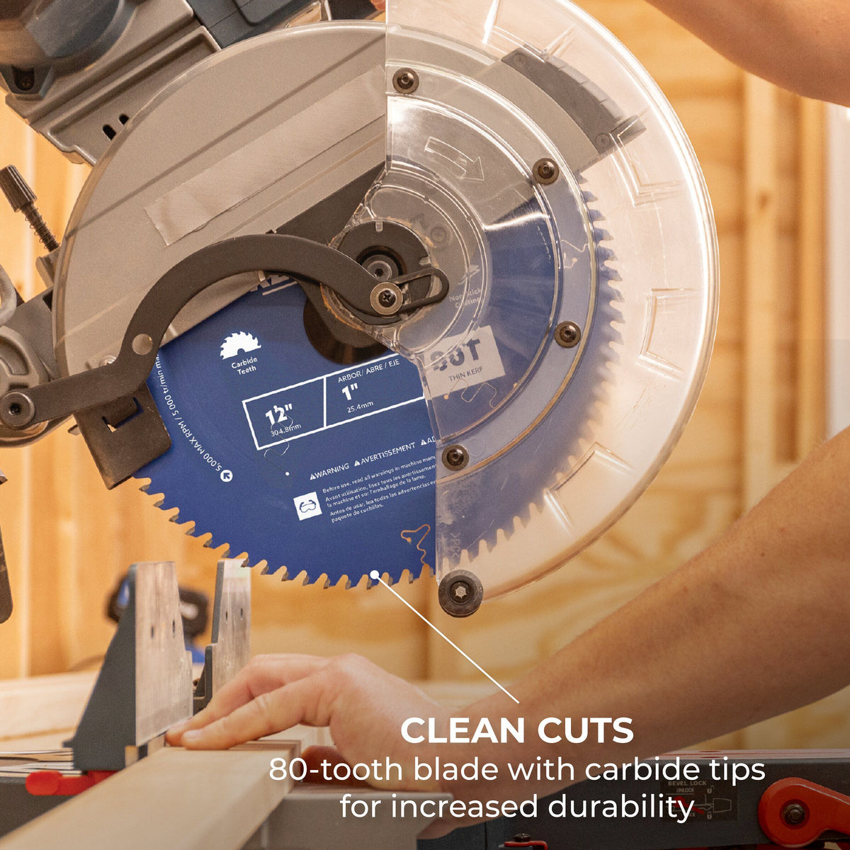 Kreg 12-in. blade mounted on a miter saw for hardwood trim cuts