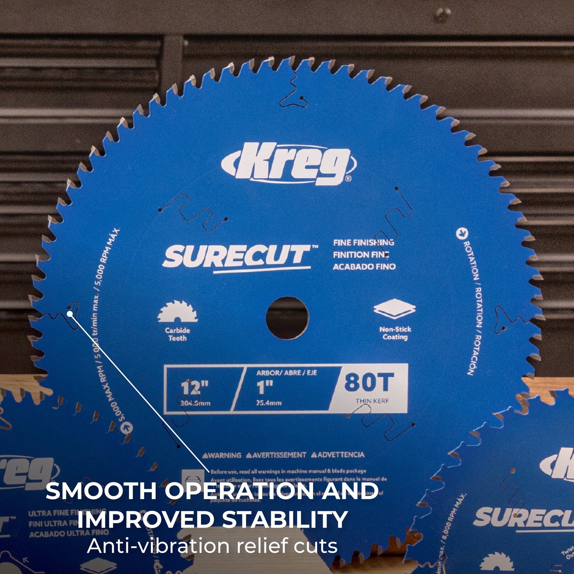 Kreg 12-in. saw blade cutting crown molding on a miter saw