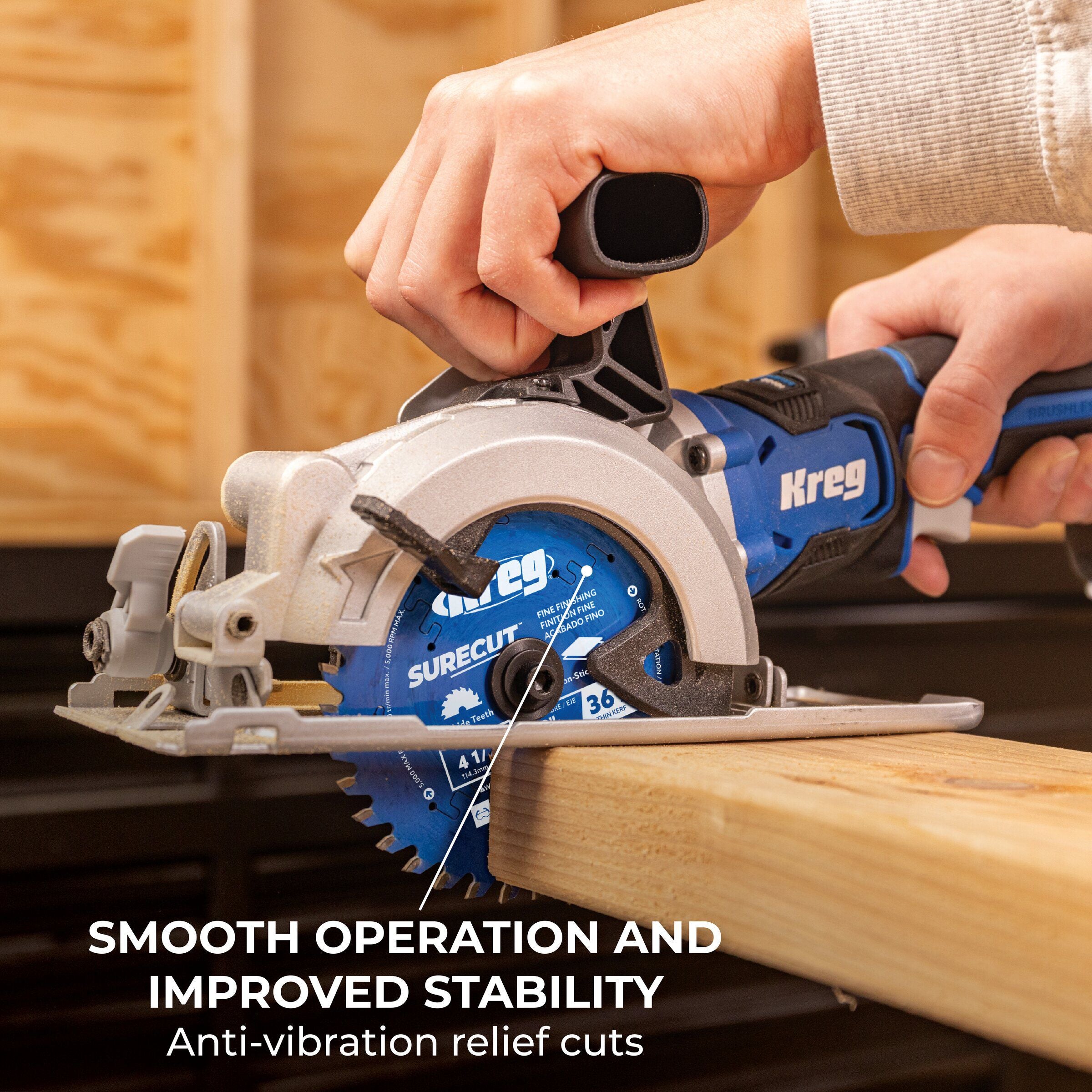 Smooth cut left in trim stock by the Kreg 4-1/2-in. 36-tooth blade
