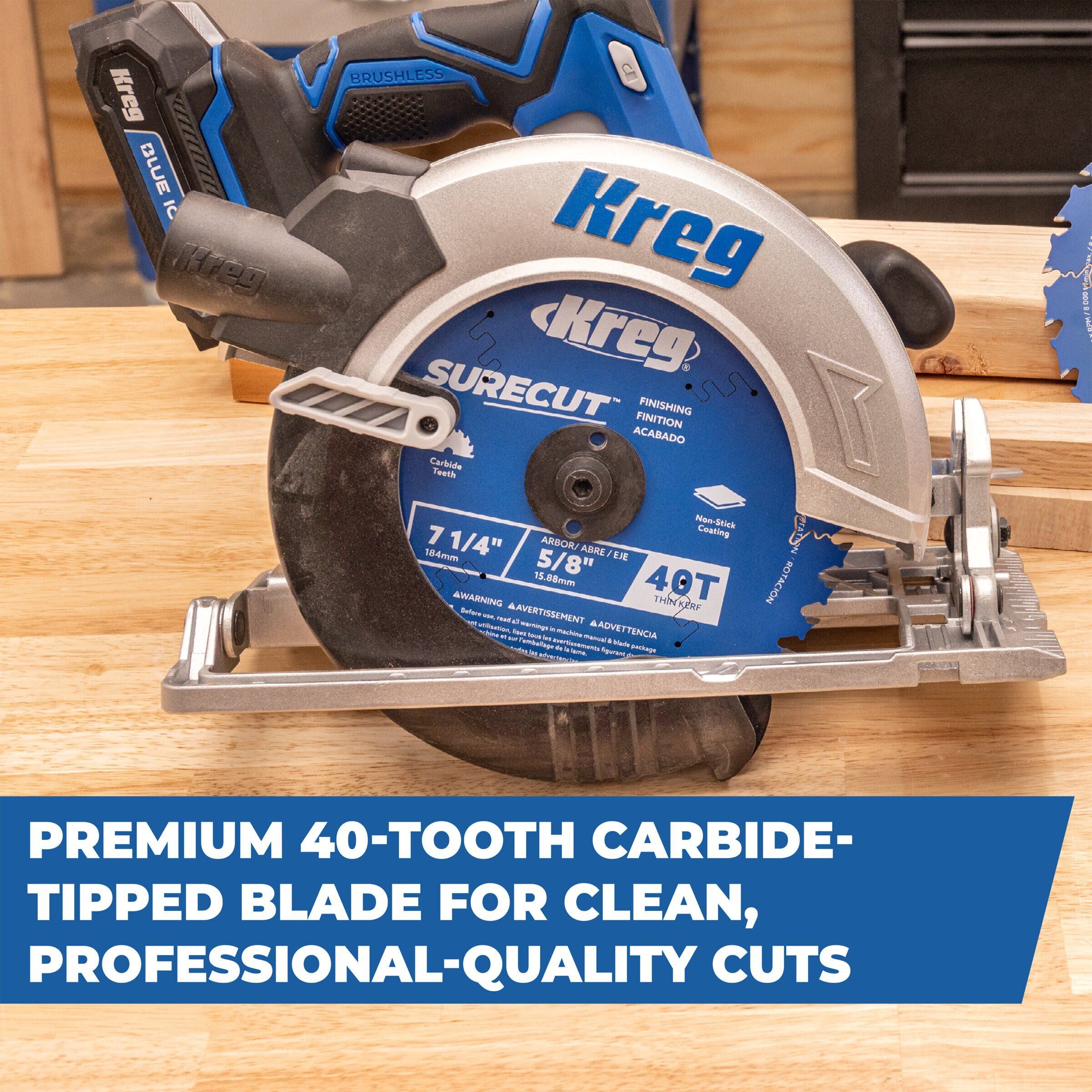 Anti-vibration relief cuts on the Kreg 7-1/4-in. 40-tooth blade