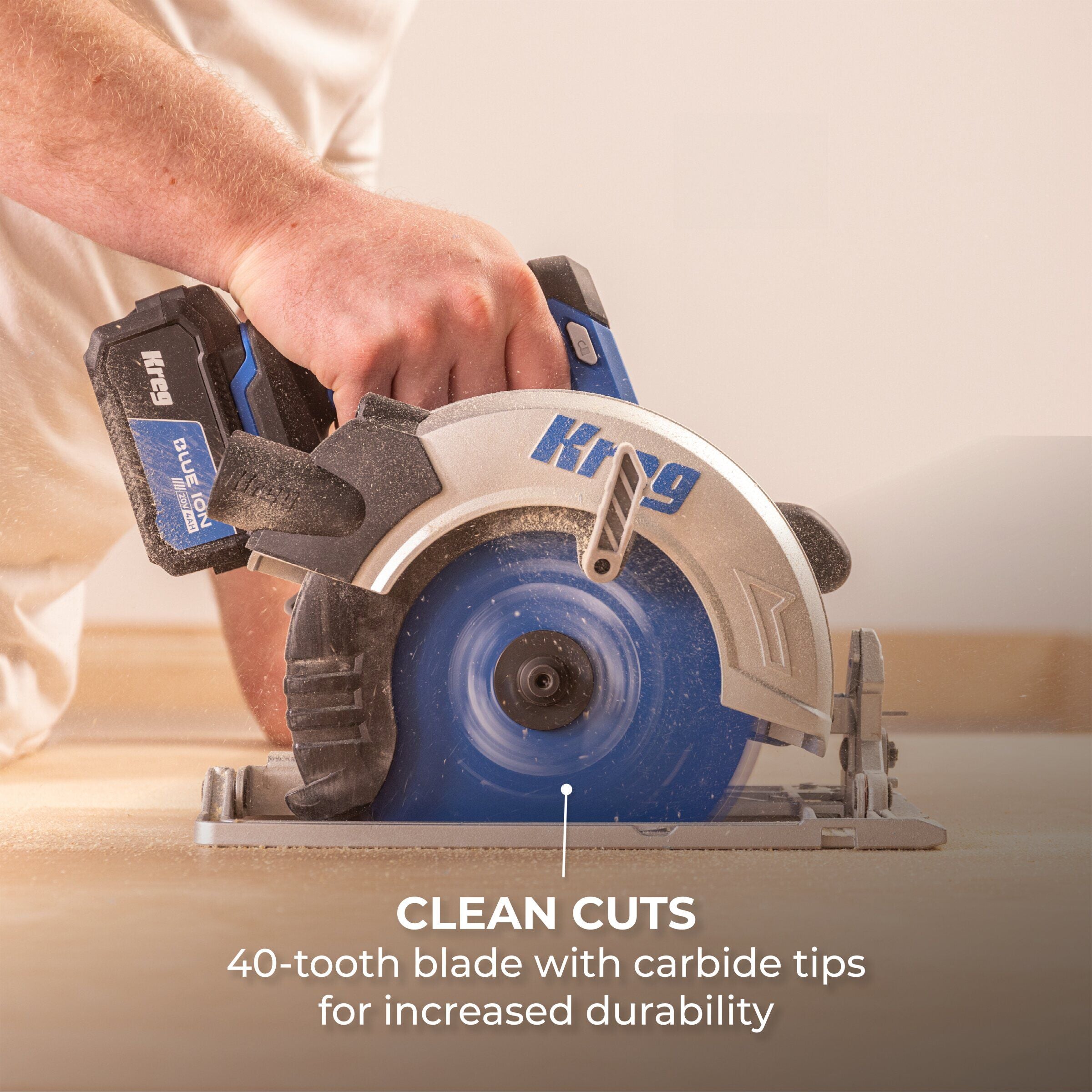Kreg 7-1/4-in. saw blade mounted on a circular saw cutting plywood