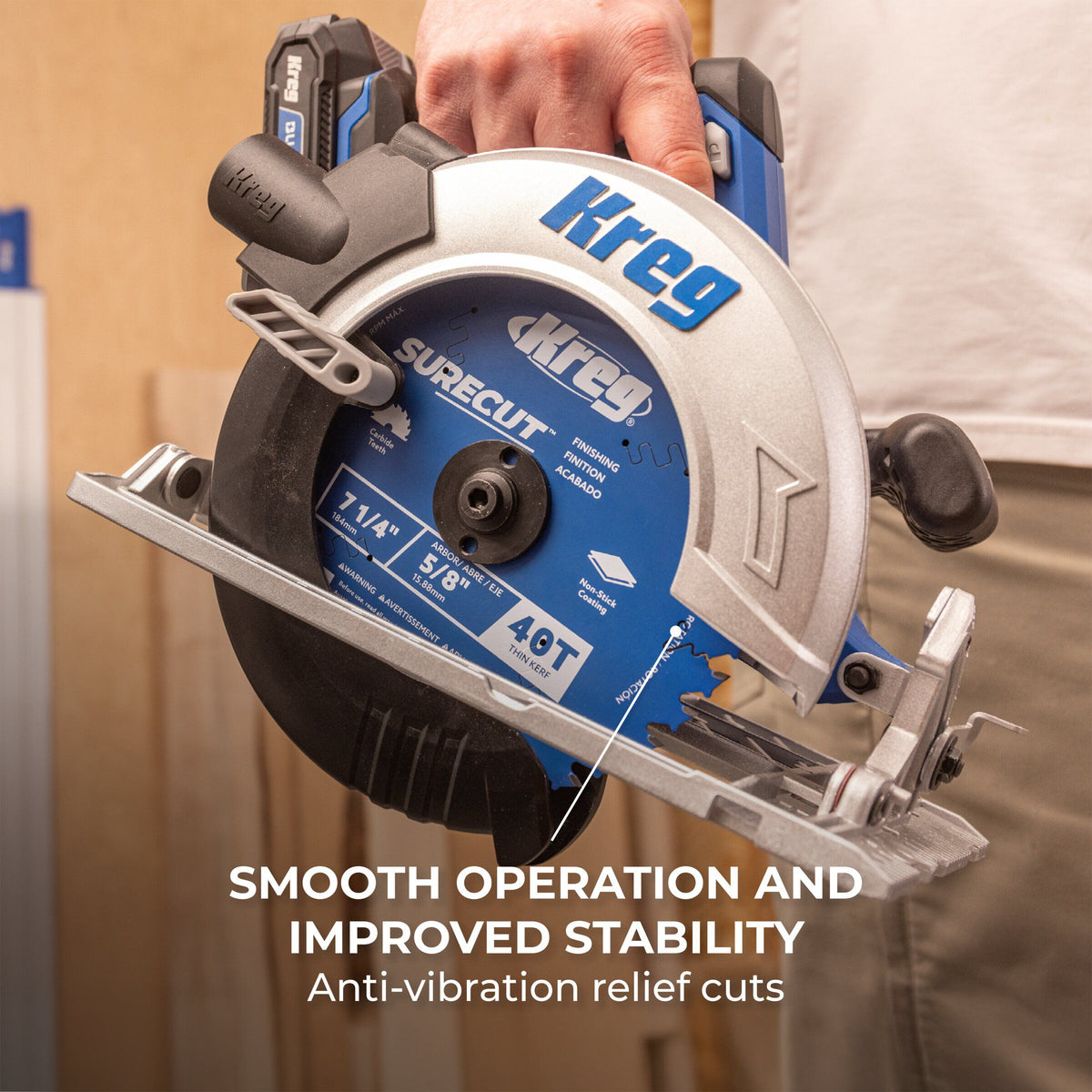Kreg 7-1/4-in. blade cutting trim stock on a cordless circular saw