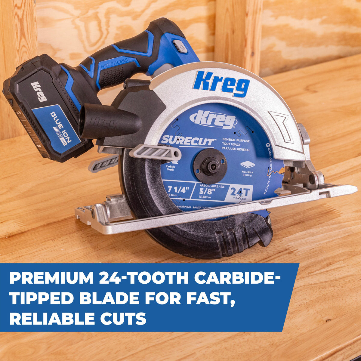 Anti-vibration relief cuts on the Kreg 7-1/4-in. 24-tooth blade body