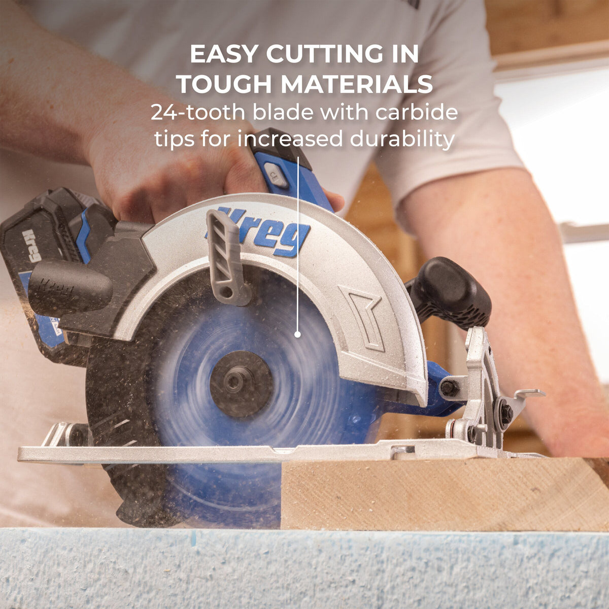 Kreg 24-tooth blade mounted on a circular saw cutting framing lumber