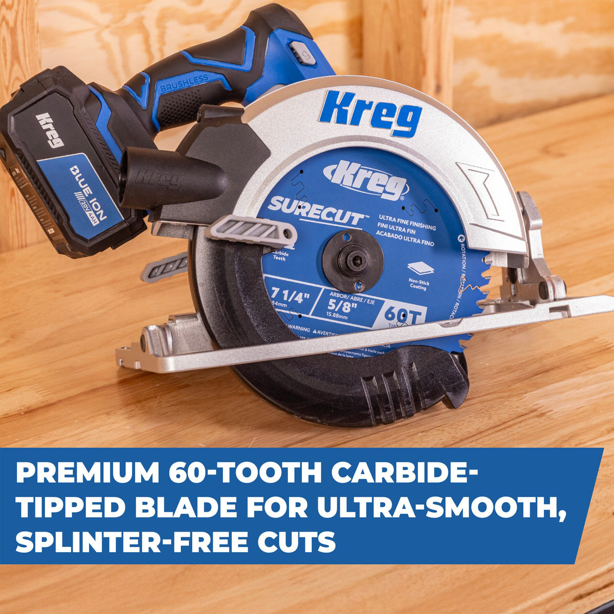 Anti-vibration relief cuts on the Kreg 60-tooth ultra fine blade body