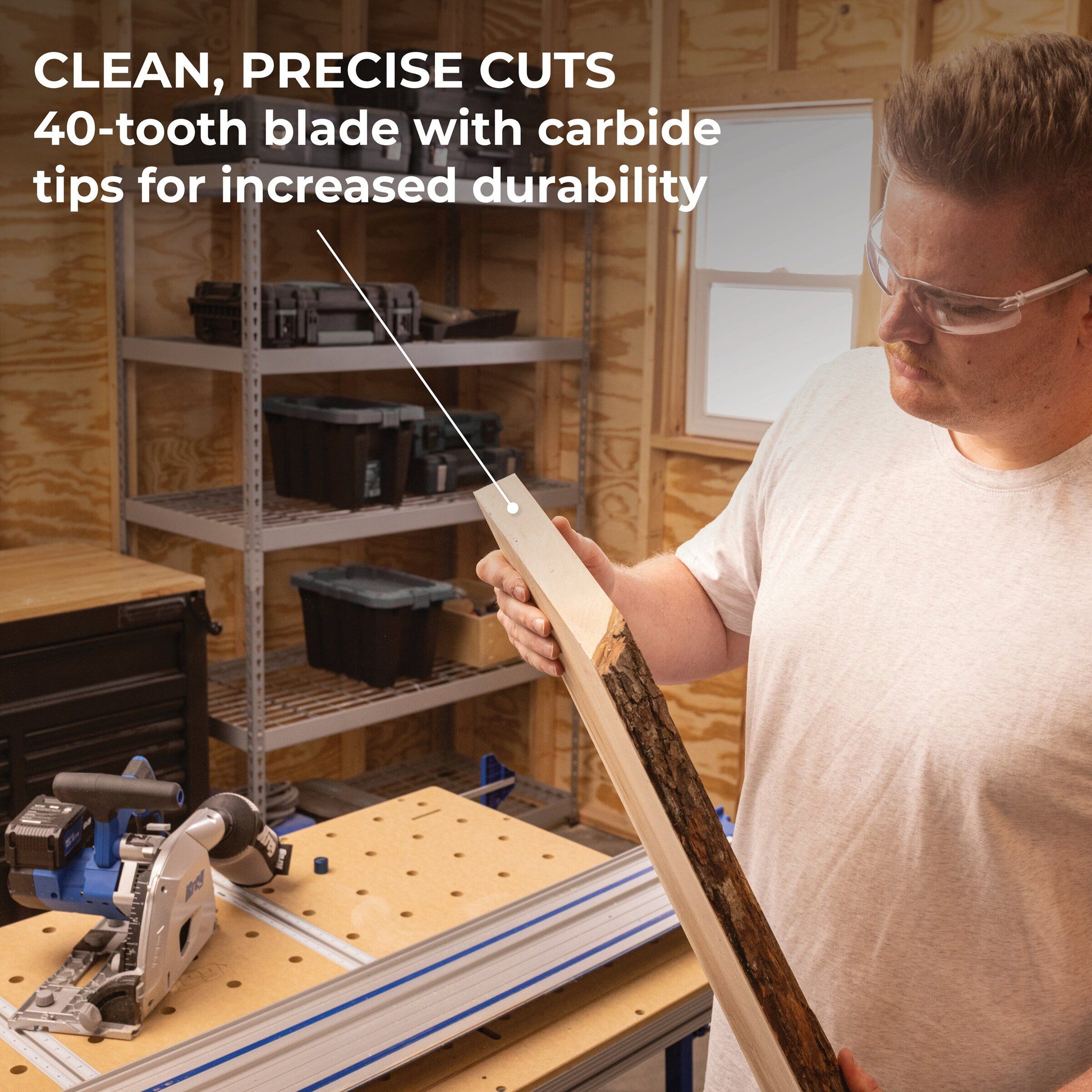 Kreg thin kerf blade mounted on a 20V cordless plunge-cut track saw