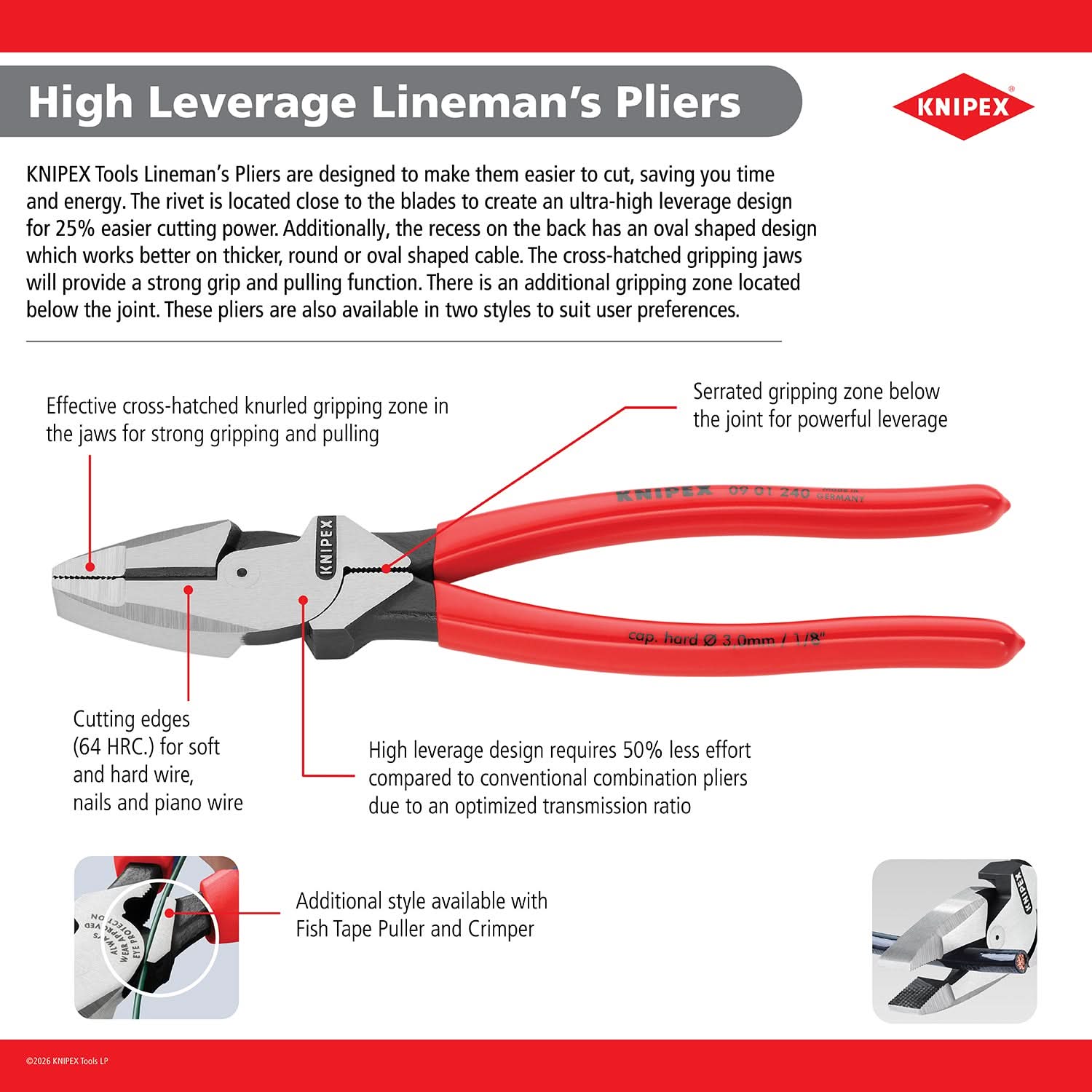 High Leverage Lineman's Pliers New England with Fish Tape Puller & Crimper
