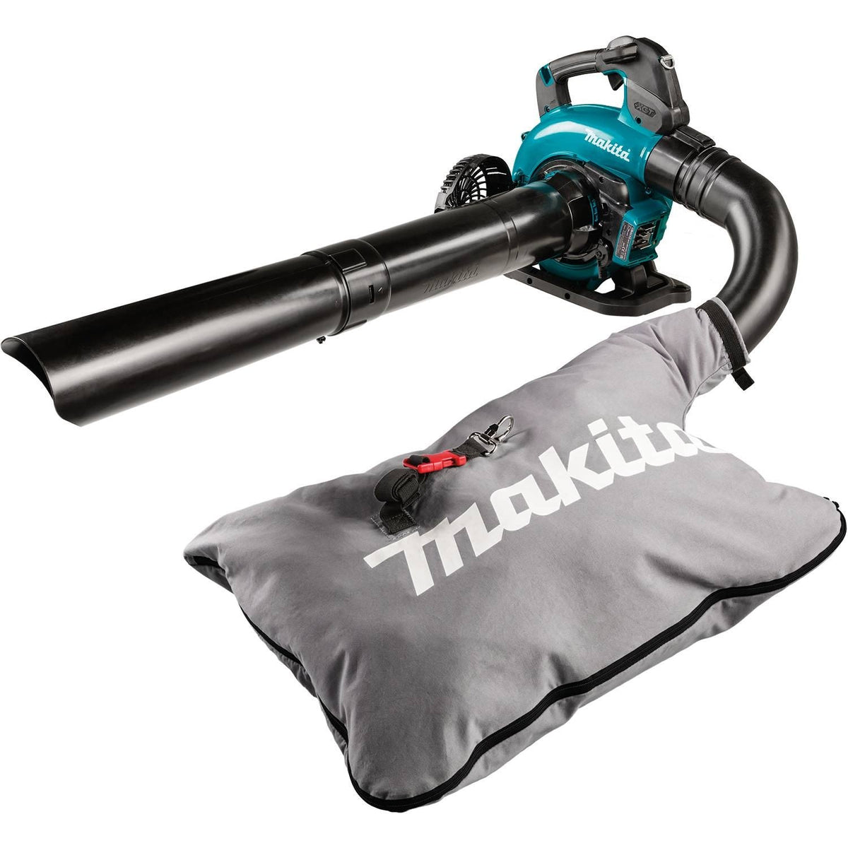 Makita GBU03ZV blower in vacuum configuration with collection bag