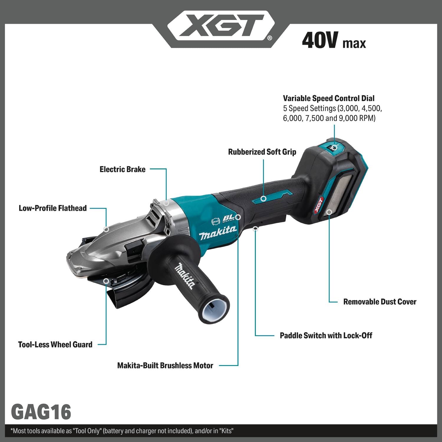 Makita GAG16Z 40V max XGT Brushless 5-in. Paddle Switch Flathead