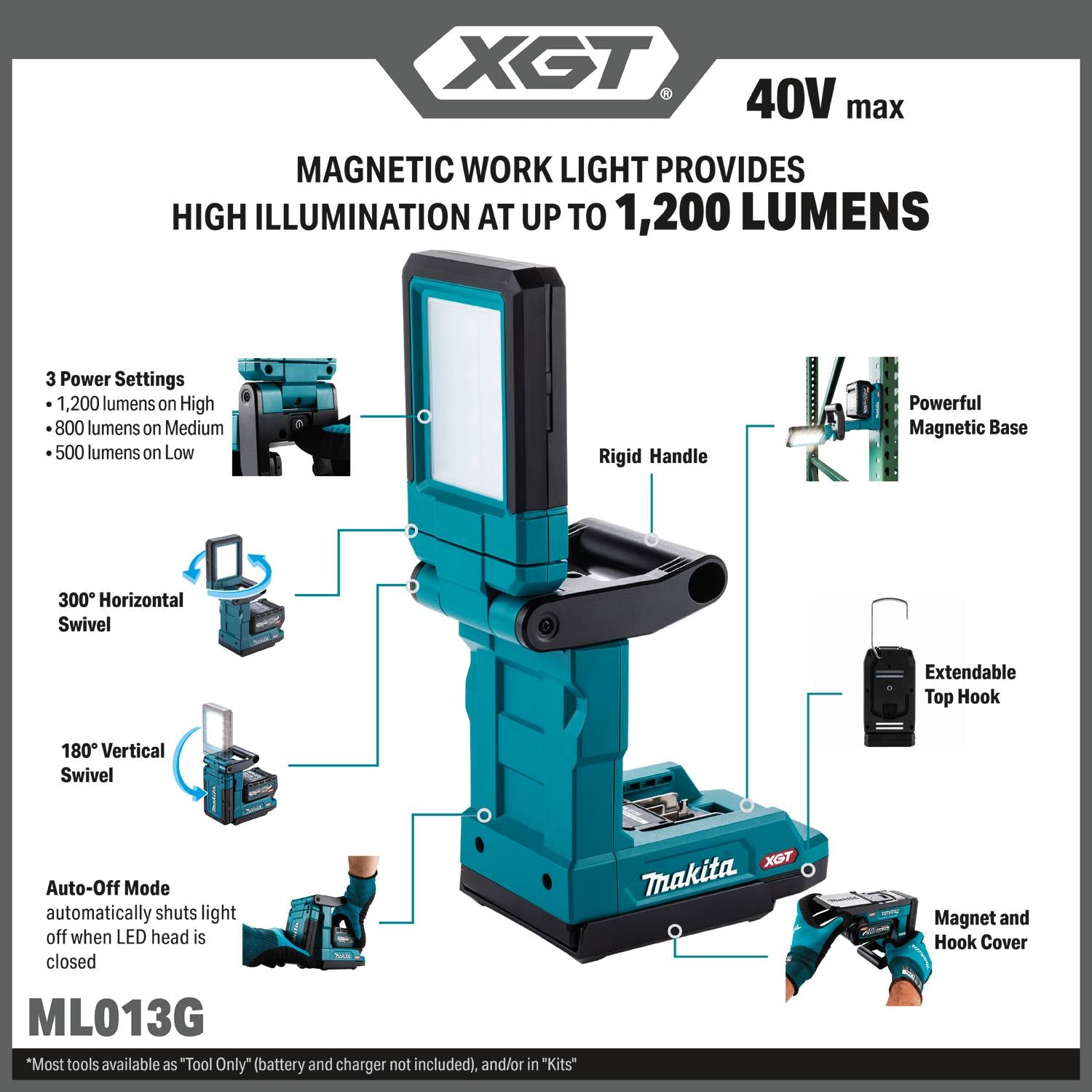 Makita ML013G 40V max XGT LED Magnetic 1200-Lumen Work Light