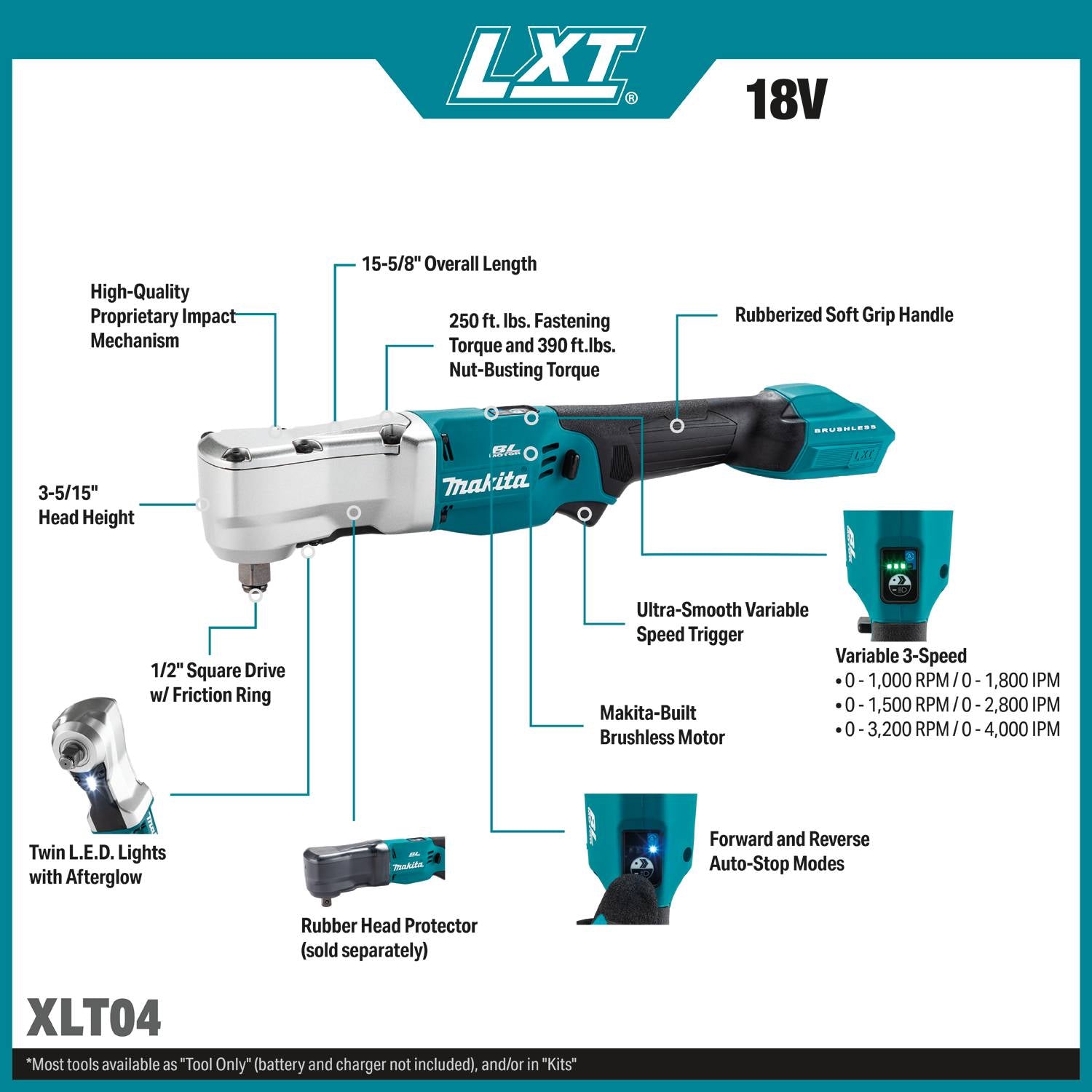 Makita XLT04Z 18V LXT Brushless High Torque 1/2-in. Angle Impact