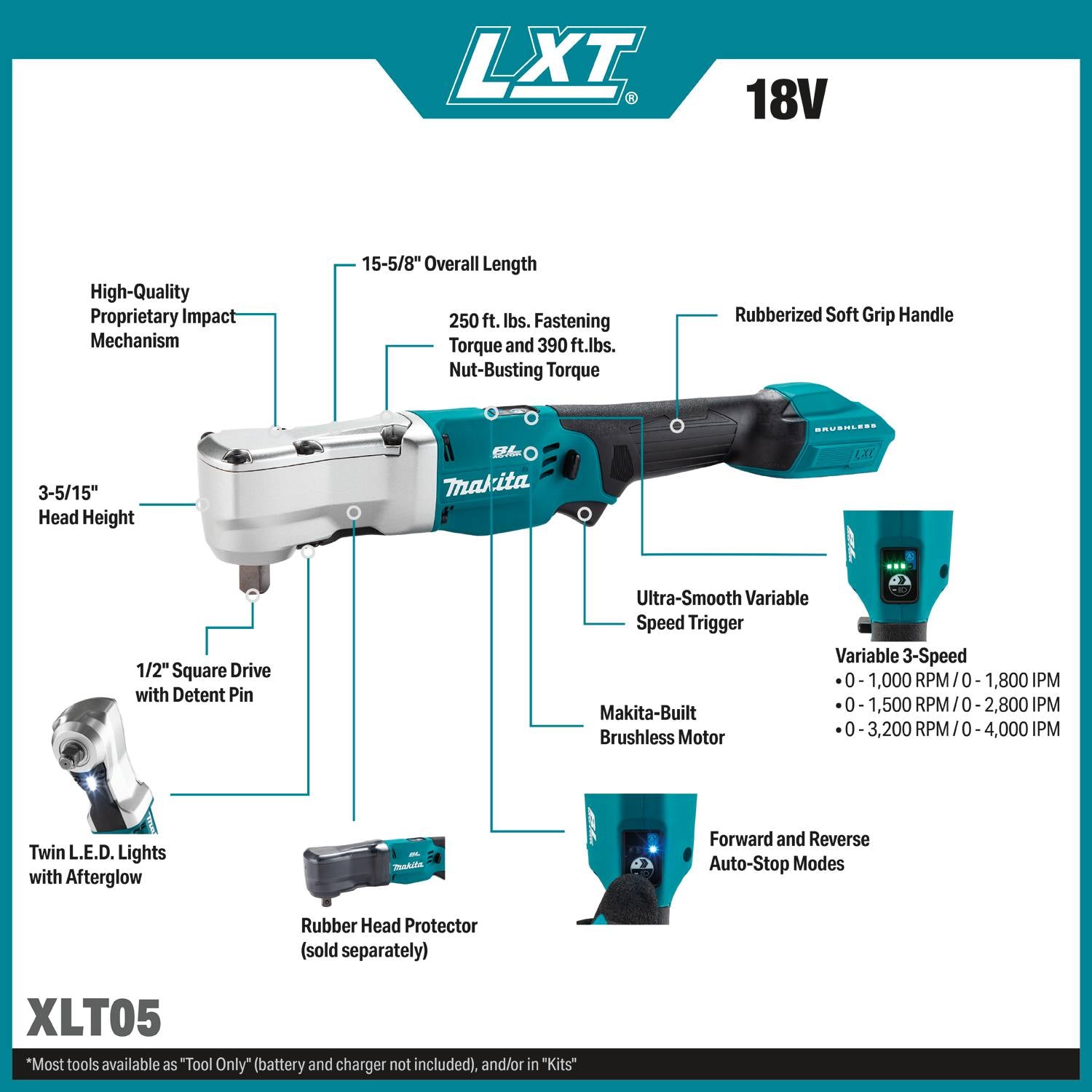 Makita XLT05Z 18V LXT Brushless High Torque 1/2-in. Angle Impact