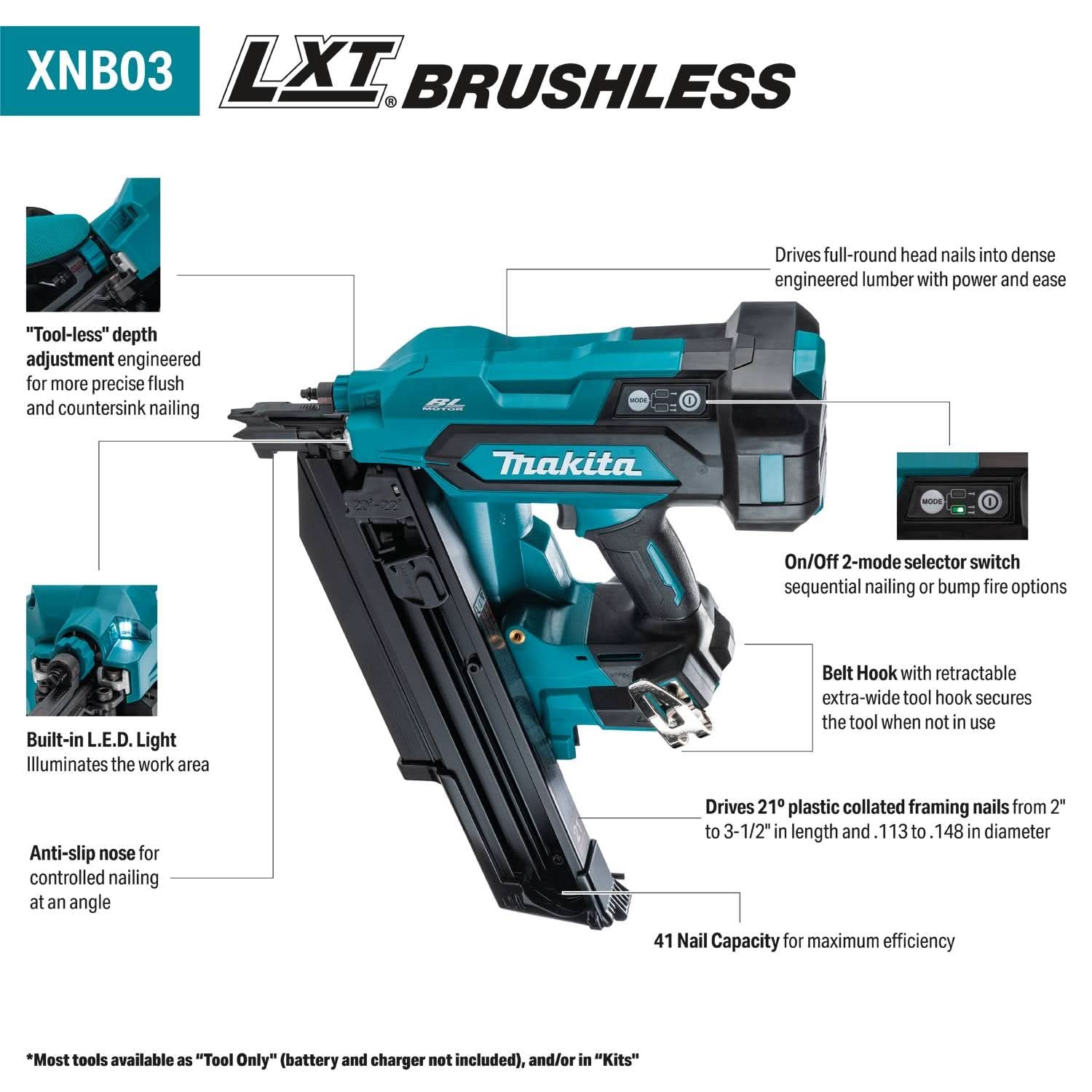 Makita XNB03M1 18V LXT Brushless 21-Degree Full Round Head 3-1/2