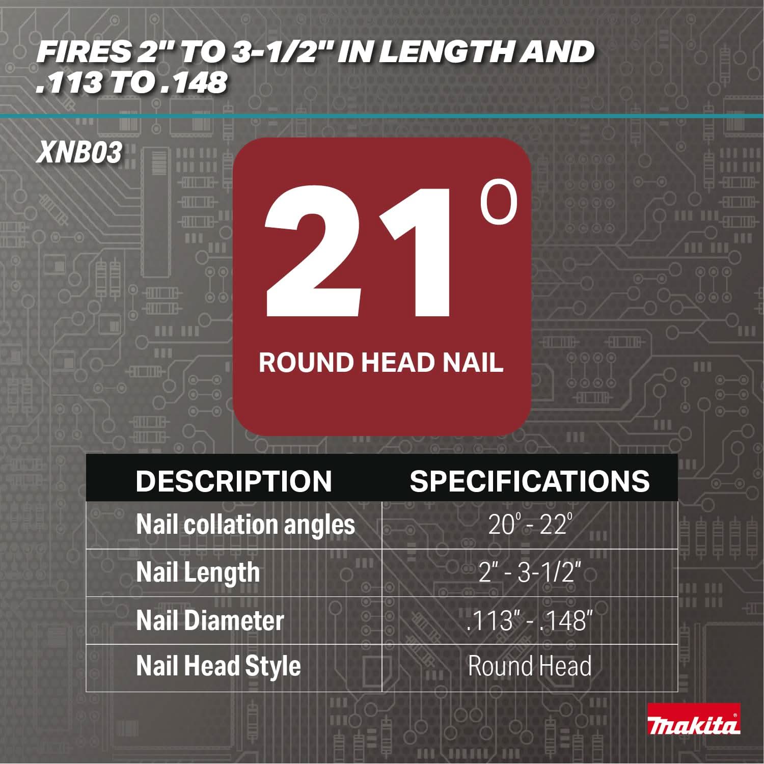 Makita XNB03M1 18V LXT Brushless 21-Degree Full Round Head 3-1/2