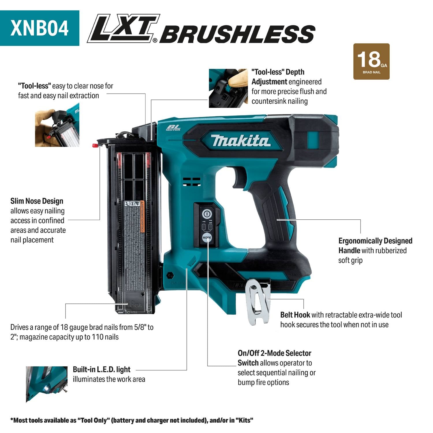 Makita XNB04Z 18V LXT Brushless Cordless 2-in. 18-Gauge Brad Nailer, Tool Only