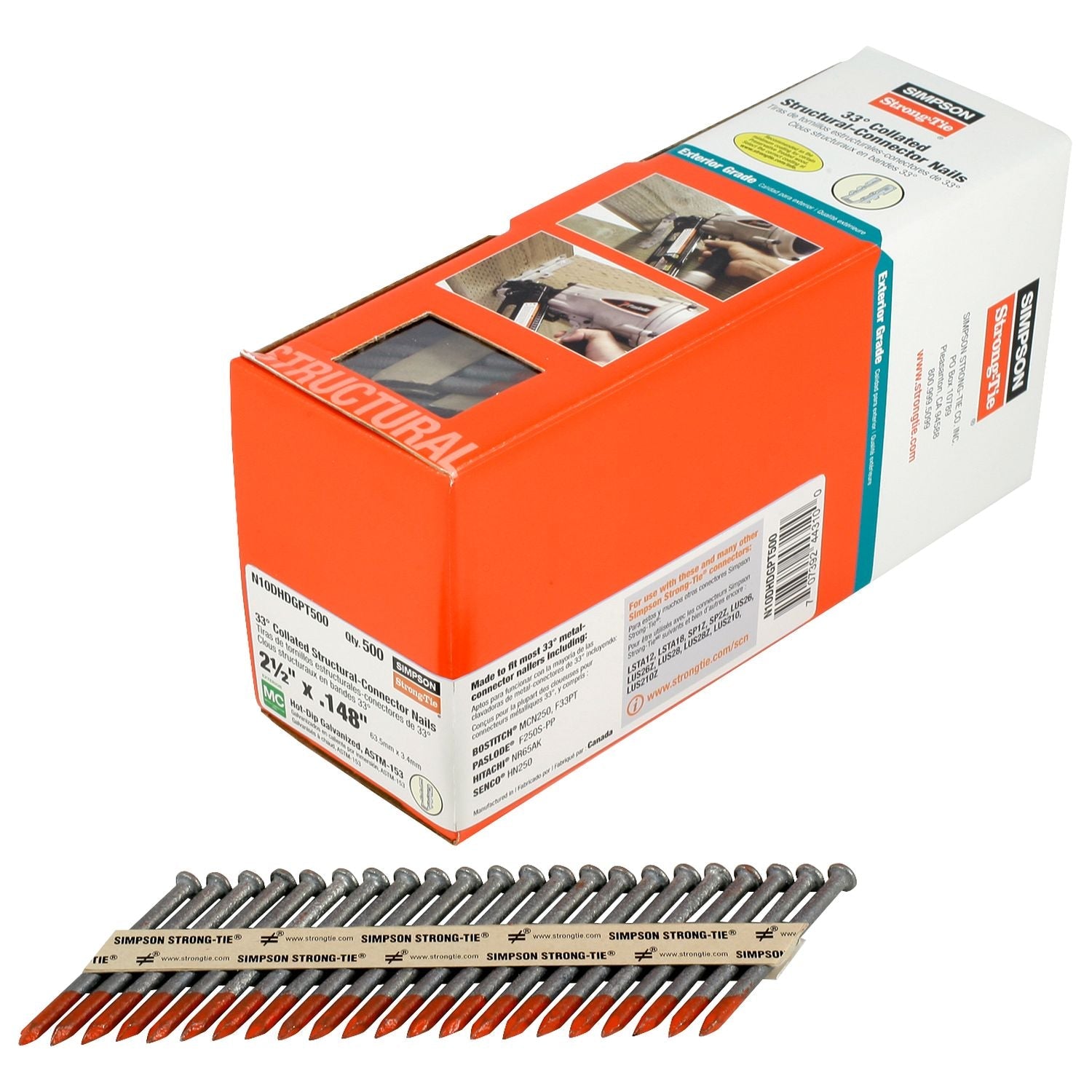 Simpson Strong-Tie N10DHDGPT500 Strong-Drive 33° SCN SMOOTH-SHANK CONNECTOR Nail,  2-1/2-in. x .148-in. HDG, 500-Pack