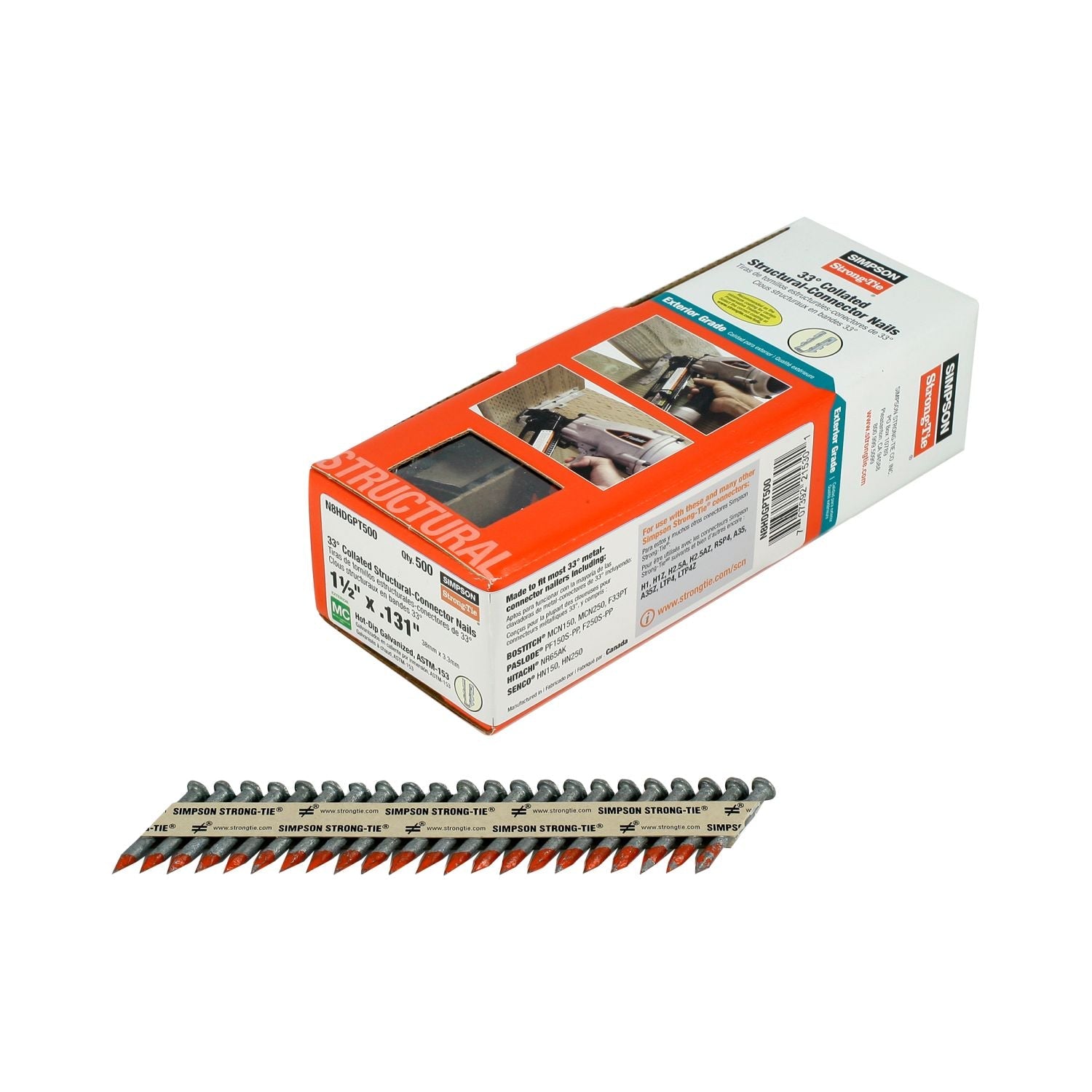 Simpson Strong-Tie N8HDGPT500 Strong-Drive 33° SCN SMOOTH-SHANK CONNECTOR Nail,  1-1/2-in. x .131-in. HDG, 500-Pack