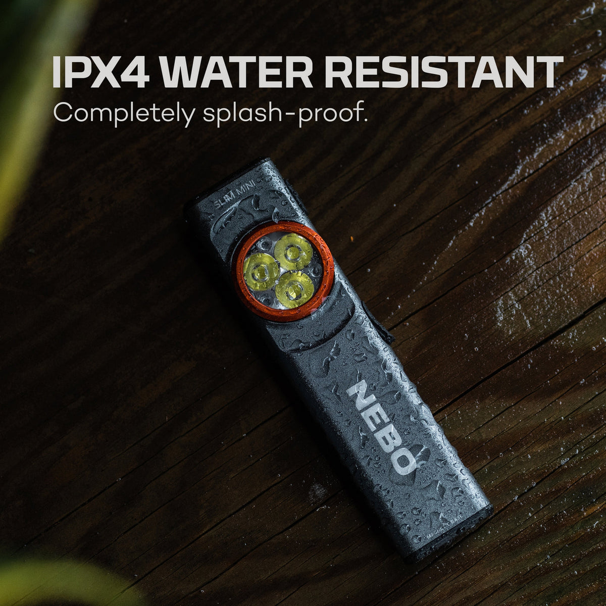 NEBO SLIM Mini flashlight IPX4 water-resistant rating graphic