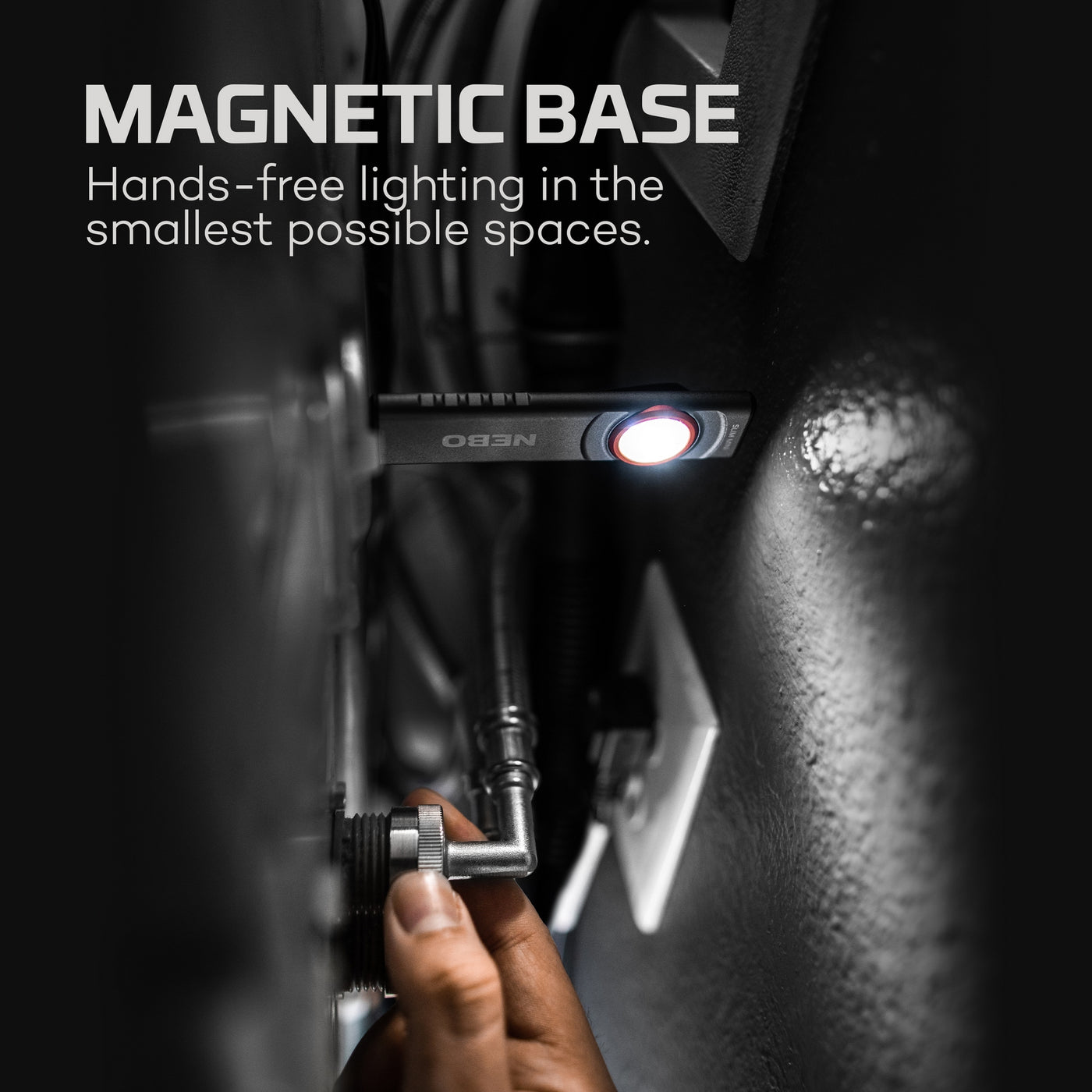 NEBO SLIM Mini flashlight magnetic base attached to metal surface for hands-free light