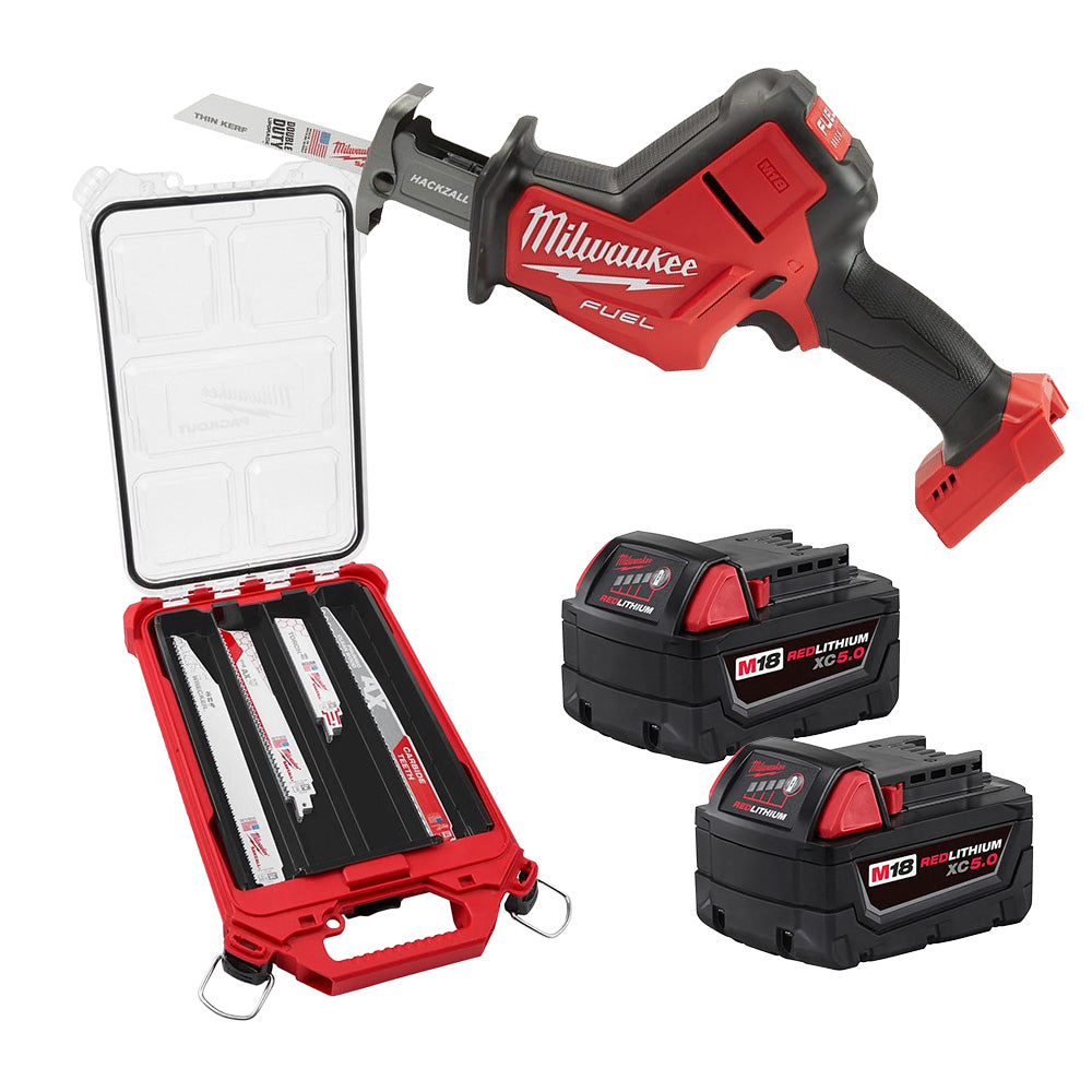 Milwaukee 2719-20 M18 FUEL Hackzall Recip Saw w/ 15PC SAWZALL Blade PACKOUT Kit and (2) M18 REDLITHIUM XC 5.0Ah Batteries